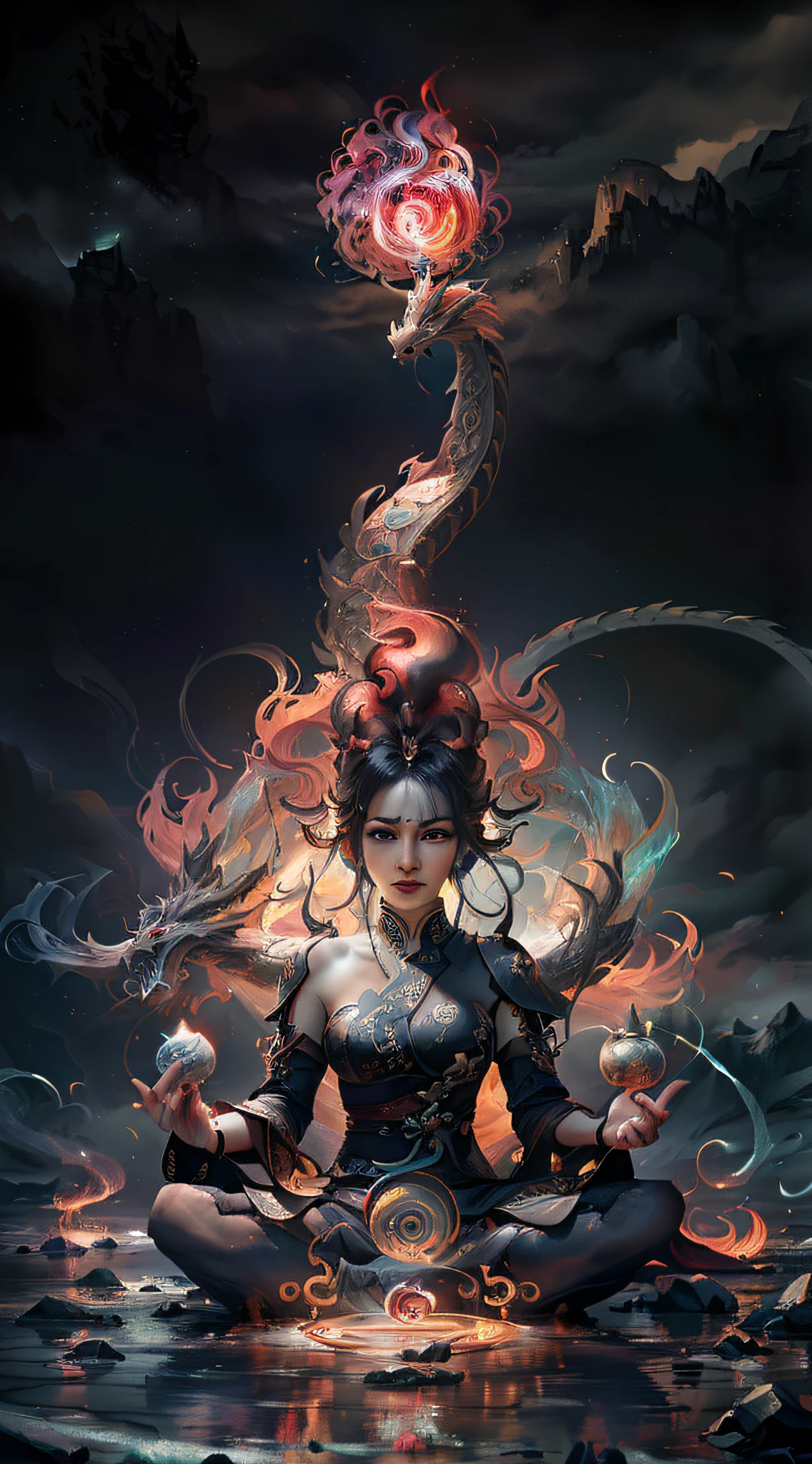 A woman sitting in a lotus position with a dragon on her head, Yang J, epic fantasy digital art style, fantasy art style, beautiful digital artwork, 4K highly detailed digital art, 8K high-quality detail art, 8K stunning artwork, epic fantasy art style, detailed fantasy digital art, epic fantasy art style HD, author: Li Song, digital fantasy art)