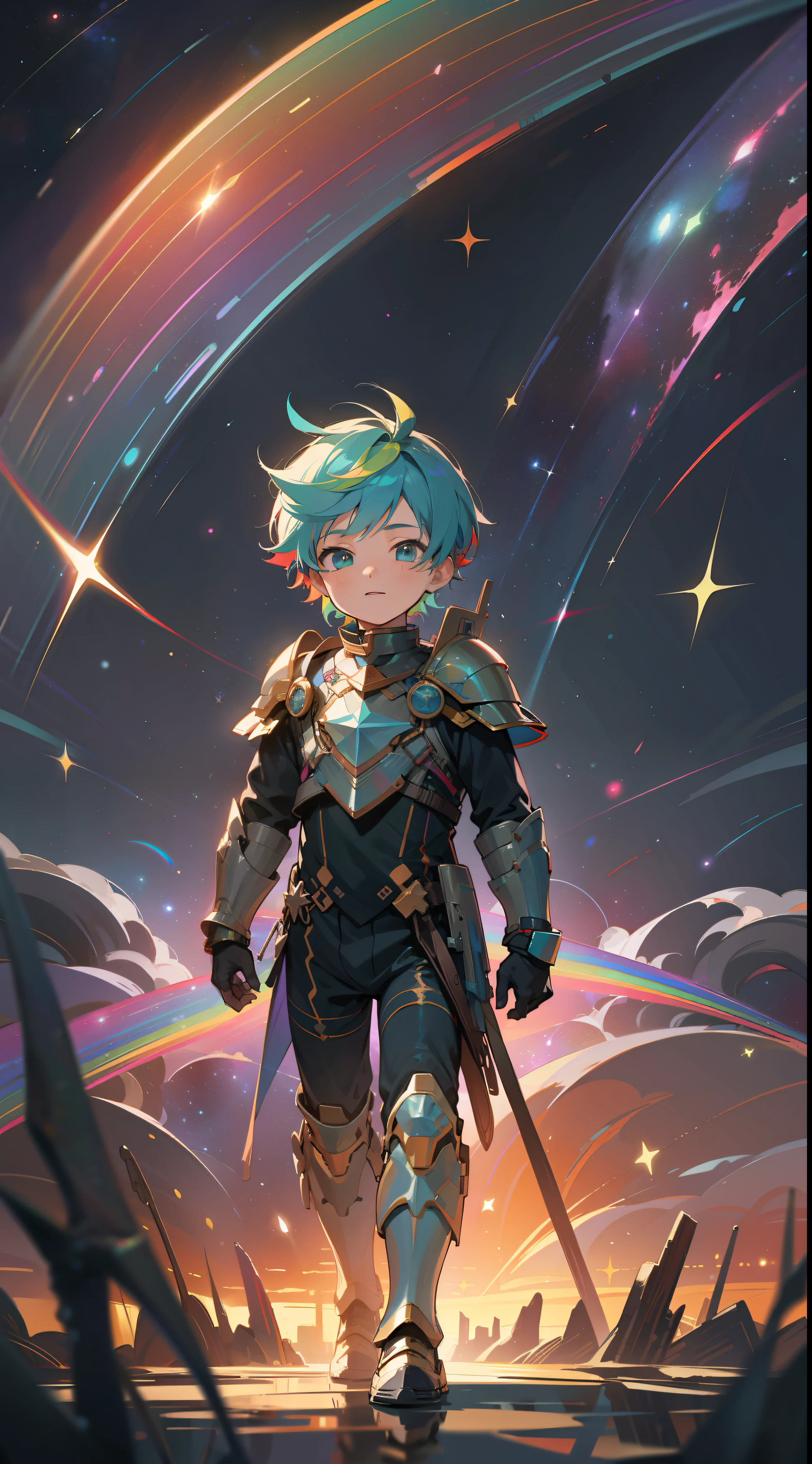 a little boy with rainbow colored hair and rainbow teal armor, walking in the stars, rainbow colored cosmic nebula background, stars, galaxies