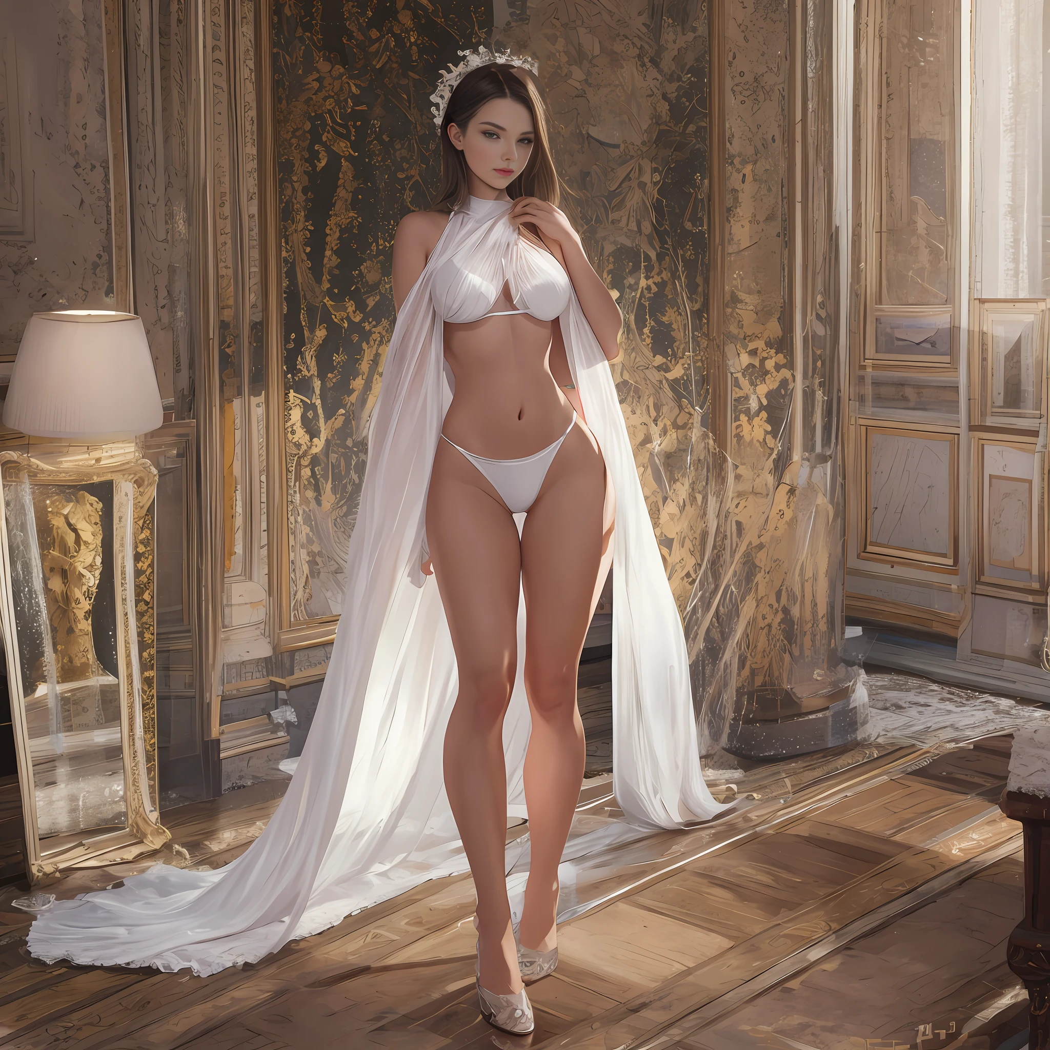 Great masterpiece, epic CG work, fashion model 25 years old [[[[Full body]]], [[[[Chest]]]], [[Neck], [[[[Shoulders]]]], Perfect eyes, Perfect iris, Perfect lips, Perfect teeth, Perfect skin, Soft front light, Glow, HDR, (Pastel color: 1.2), Standing in front of the mirror in a white transparent sexy bikini, looking in the mirror, floor mirror, full body size, light and shadow following, ceramic smooth skin