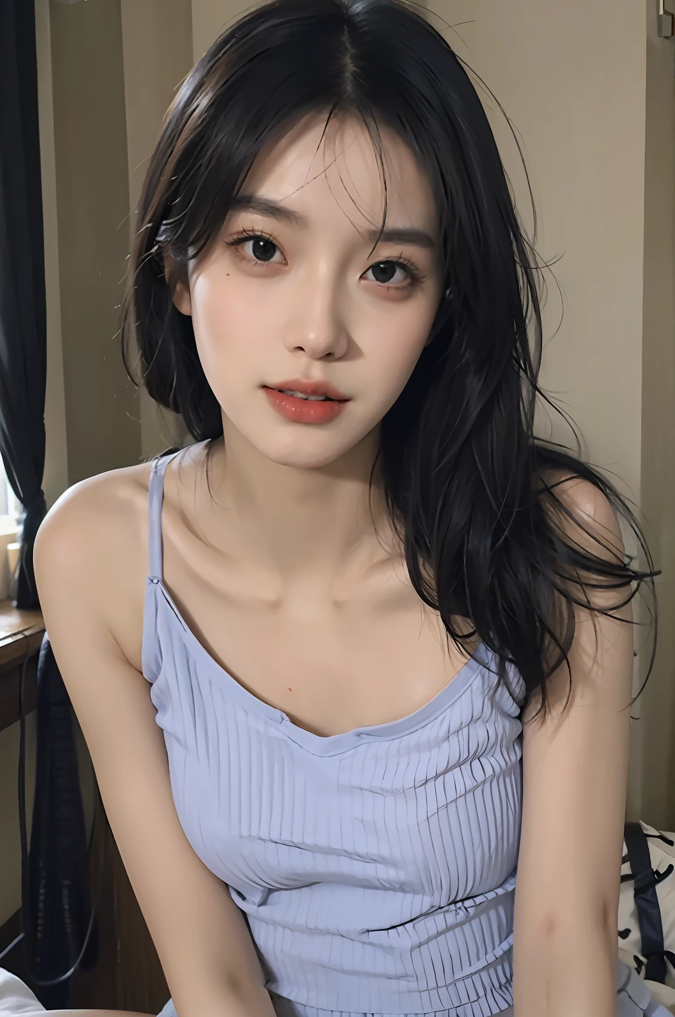 Top quality, 8k, masterpiece: 1.3)), beauty, hidden face, 1 girl, beauty: 1.3, slender abs: 1.1, camisole vest, long black hair, (sitting on bed), ultra-detailed face, highly detailed lips, detailed eyes, double eyelids