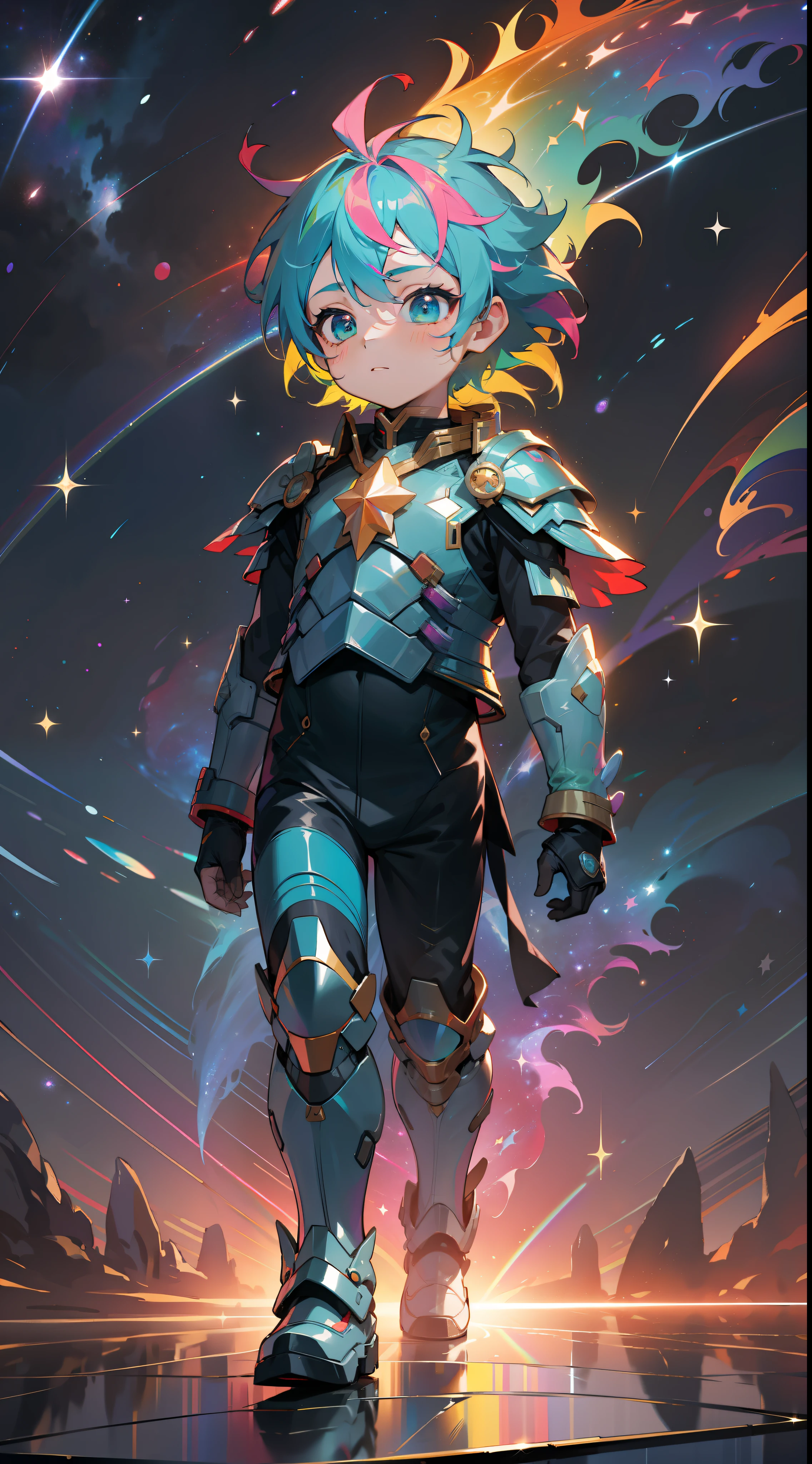a little boy with rainbow colored hair and rainbow teal armor, walking in the stars, rainbow colored cosmic nebula background, stars, galaxies