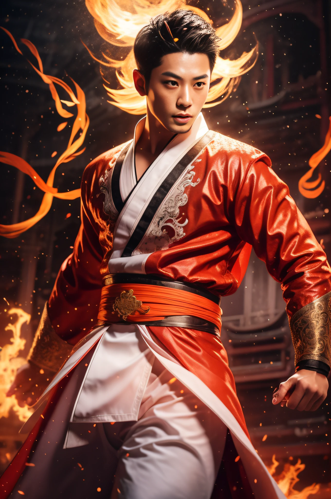 Handsome guy, 25 years old, Asian, master work, best picture quality, higher quality, high detail, super high resolution, 8k resolution, delicate facial features, boy, big muscles, tattoos, glowing eyes, short hair, hair details, (full body: 0.6), detailed background , [[look away, look to the side, emphasize homosexuality and pay attention to every detail , open Hanfu transparent tulle jacket, white rubber pants, circling dragon, Chinese garden background ((((crotch bulge))))), flame, flame spell, Fire fighting, Chinese kung fu, fingerless gloves, wristbands, dragon-themed costumes, monk robes, spinning floating particles, dynamic composition, burning architectural background