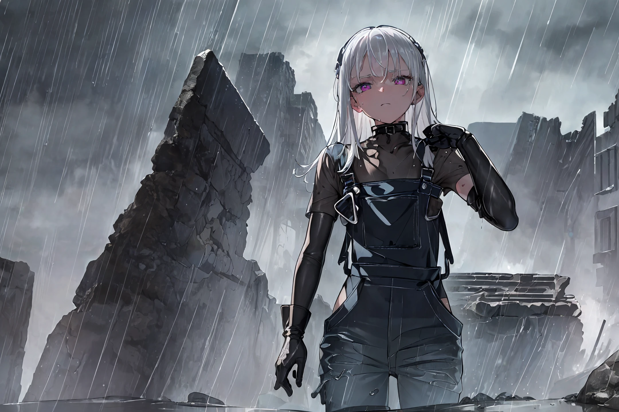(beachfront),(((extremely detailed))),(((masterpiece))),(((best quality))), illustration,sharp margin,((line of motion)), aimed at the viewer, battle, ((monochrome),(((soil,masterpiece,best quality,highly detailed,volumetric lighting)))), (((extremely detailed))), (((masterpiece))), (((best quality))), illustration, clear -cut margin, (1girls:1.2), photorealistic, (finely detailed water:1.1), (depth of field:1.1), (ruins:1.2), jewelry, (first-person view:1.2), (rainy:1.3), (rainbow: 1.1), shadows, (death stranding: 1.3), medium breasts, (white hair: 1.3), pink eyes, beautiful detailed eyes, (transparent: 1.3), (wet: 1.2), (lock: 1.3), floating hair, (((black elbow gloves, black overalls))),