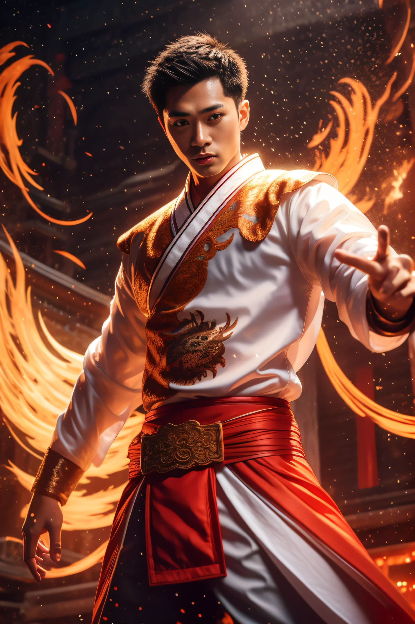 Handsome guy, 25 years old, Asian, master work, best picture quality, higher quality, high detail, super high resolution, 8k resolution, delicate facial features, boy, big muscles, tattoos, glowing eyes, short hair, hair details, (full body: 0.6), detailed background , [[look away, look to the side, emphasize homosexuality and pay attention to every detail , open Hanfu transparent tulle jacket, white rubber pants, circling dragon, Chinese garden background ((((crotch bulge))))), flame, flame spell, Fire fighting, Chinese kung fu, fingerless gloves, wristbands, dragon-themed costumes, monk robes, spinning floating particles, dynamic composition, burning architectural background