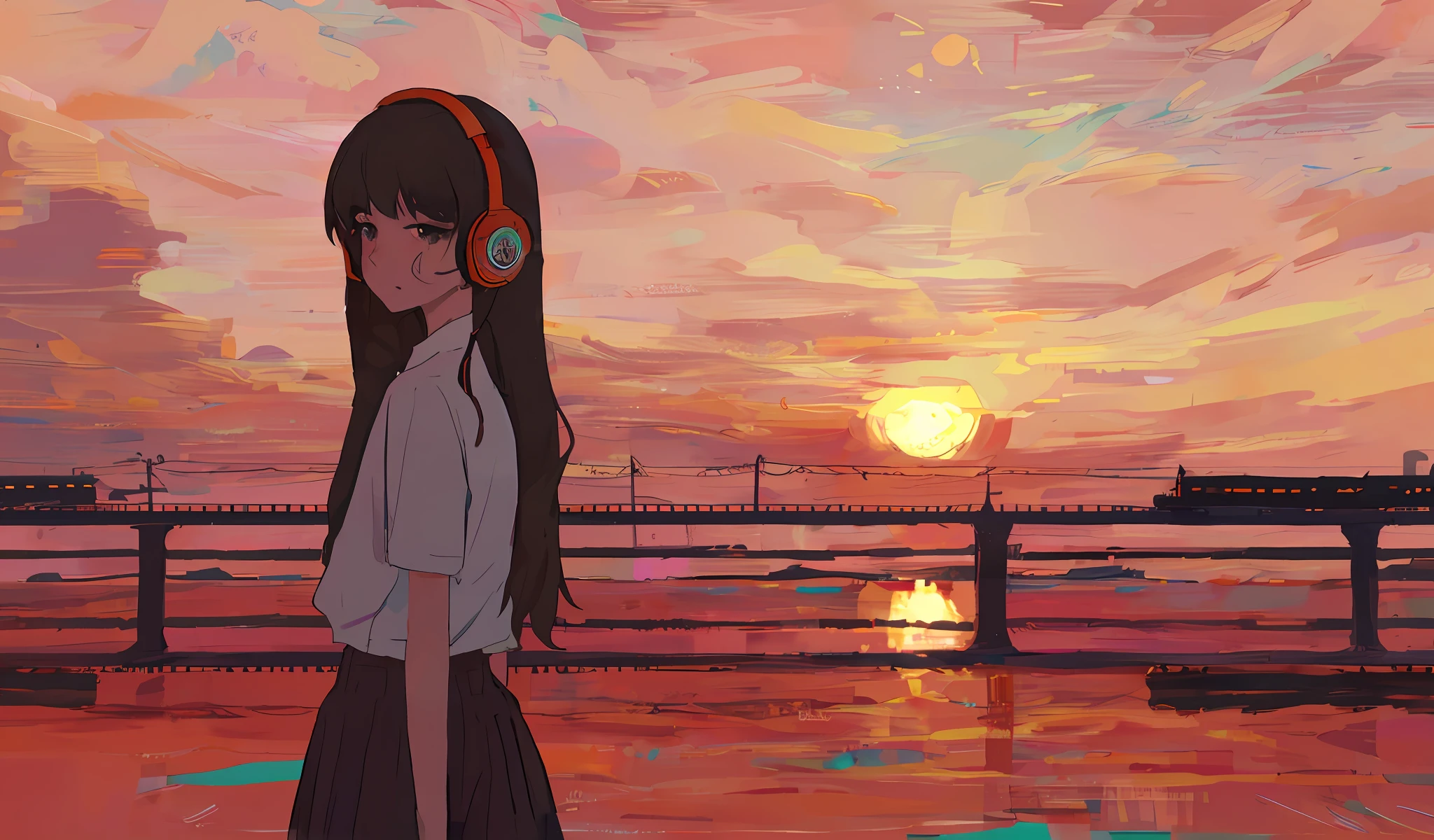 anime girl with headphones standing in front of a sunset, lofi girl, watching the sun set. anime, lofi artstyle, lofi art, lofi colors, inspired by Atey Ghailan, in style of atey ghailan, ilya kuvshinov landscape, style of alena aenami, ((sunset)), by Atey Ghailan