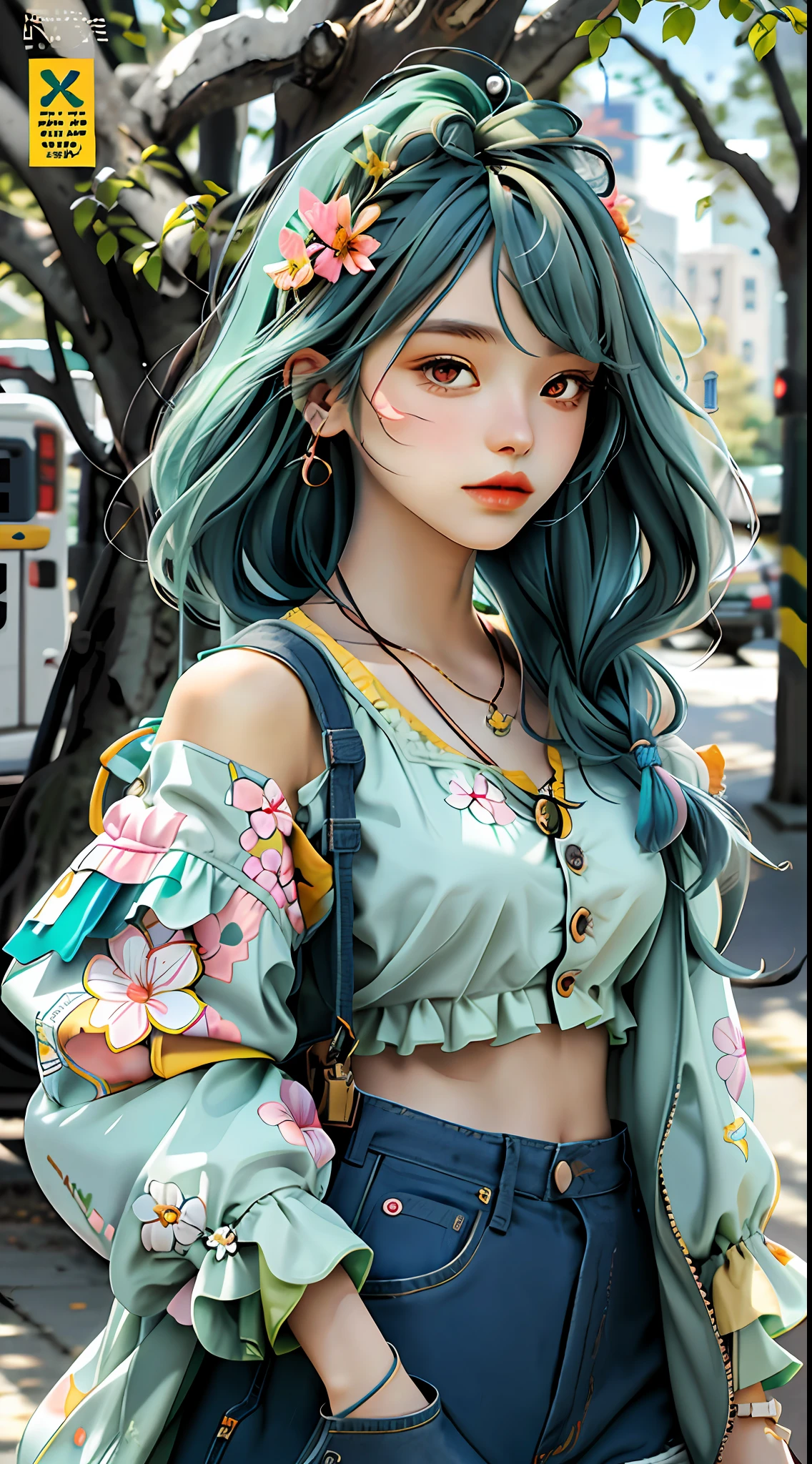masterpiece, best quality, spring outfit, colorful hair, outdoor, magazine cover ,upper body,