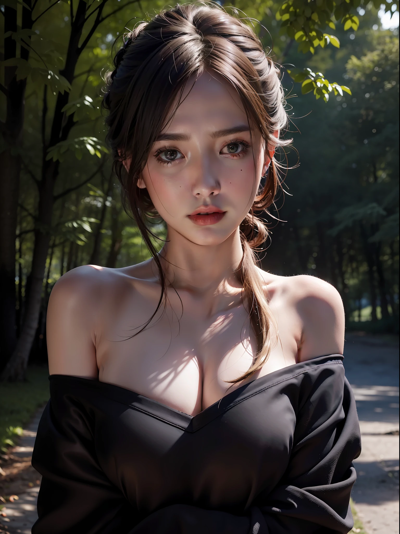 Best quality, masterpiece, ultra high res, (photorealistic:1.4), raw photo, 1girl, offshoulder, in the dark, deep shadow, low key, cold light,in a park