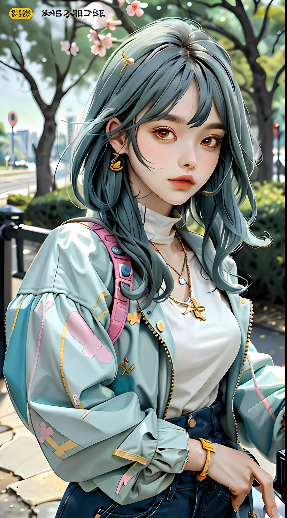 masterpiece, best quality, spring outfit, colorful hair, outdoor, magazine cover ,upper body,