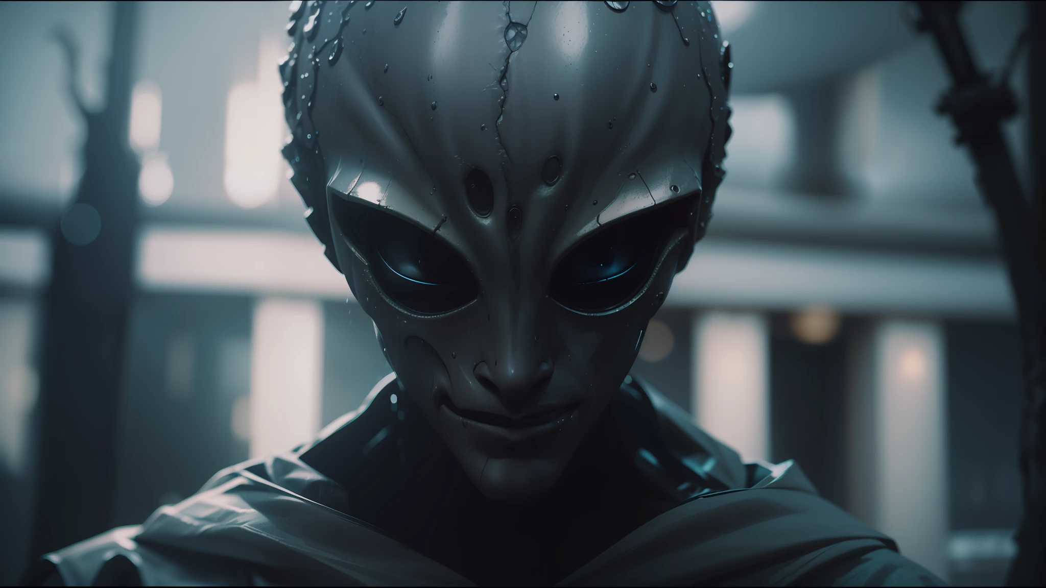 there is a close up of a alien head with a rain background, cinematic cgsociety, ghost of kiev, cinematic luts, amazing short, inspired by Konstantin Savitsky, the masks come off at night, symmetry ; photorealistic, sculls, eerie highly detailed, abduction, 2 0 7 7 --auto --s2