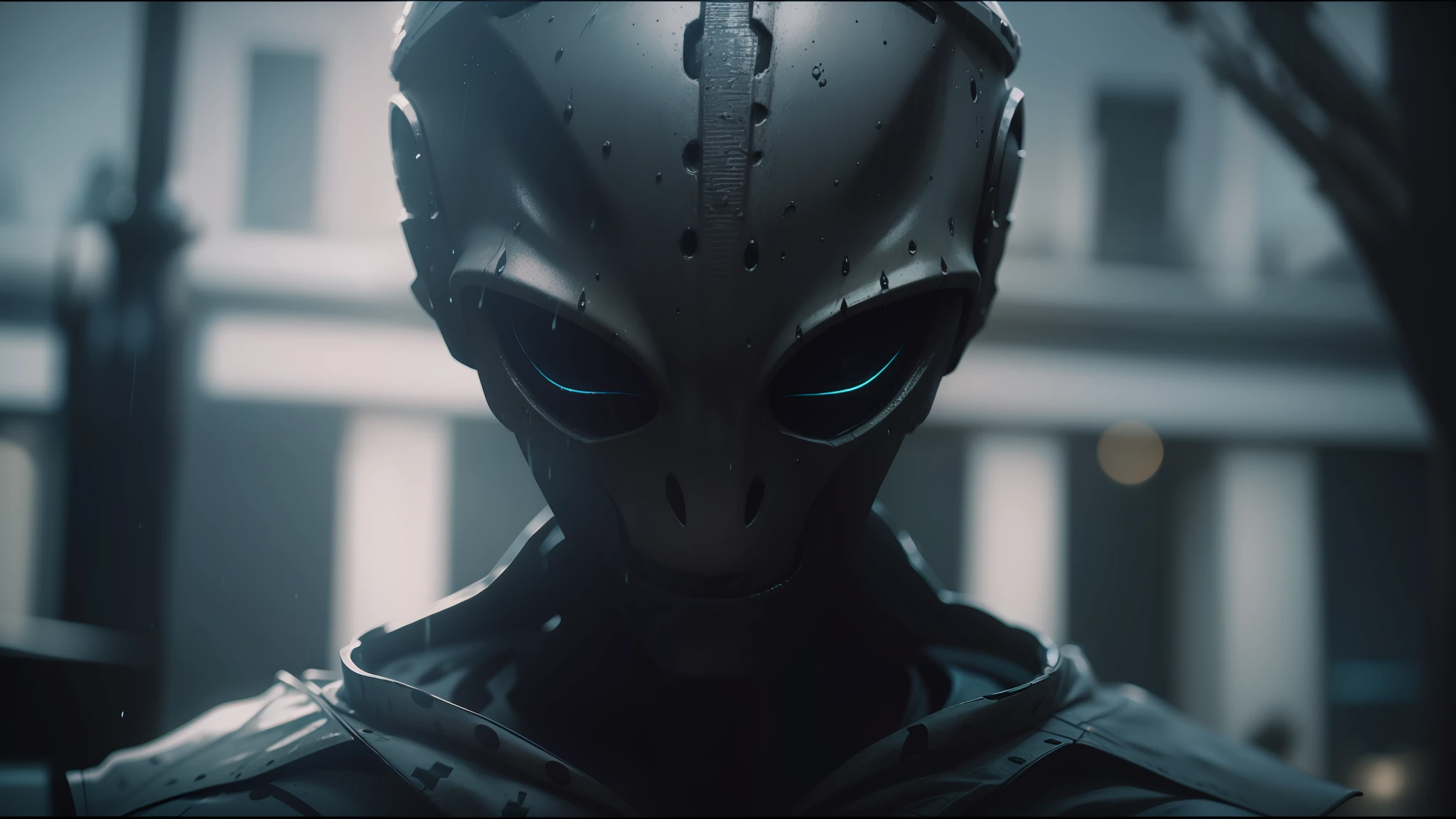 there is a close up of a alien head with a rain background, cinematic cgsociety, ghost of kiev, cinematic luts, amazing short, inspired by Konstantin Savitsky, the masks come off at night, symmetry ; photorealistic, sculls, eerie highly detailed, abduction, 2 0 7 7 --auto --s2