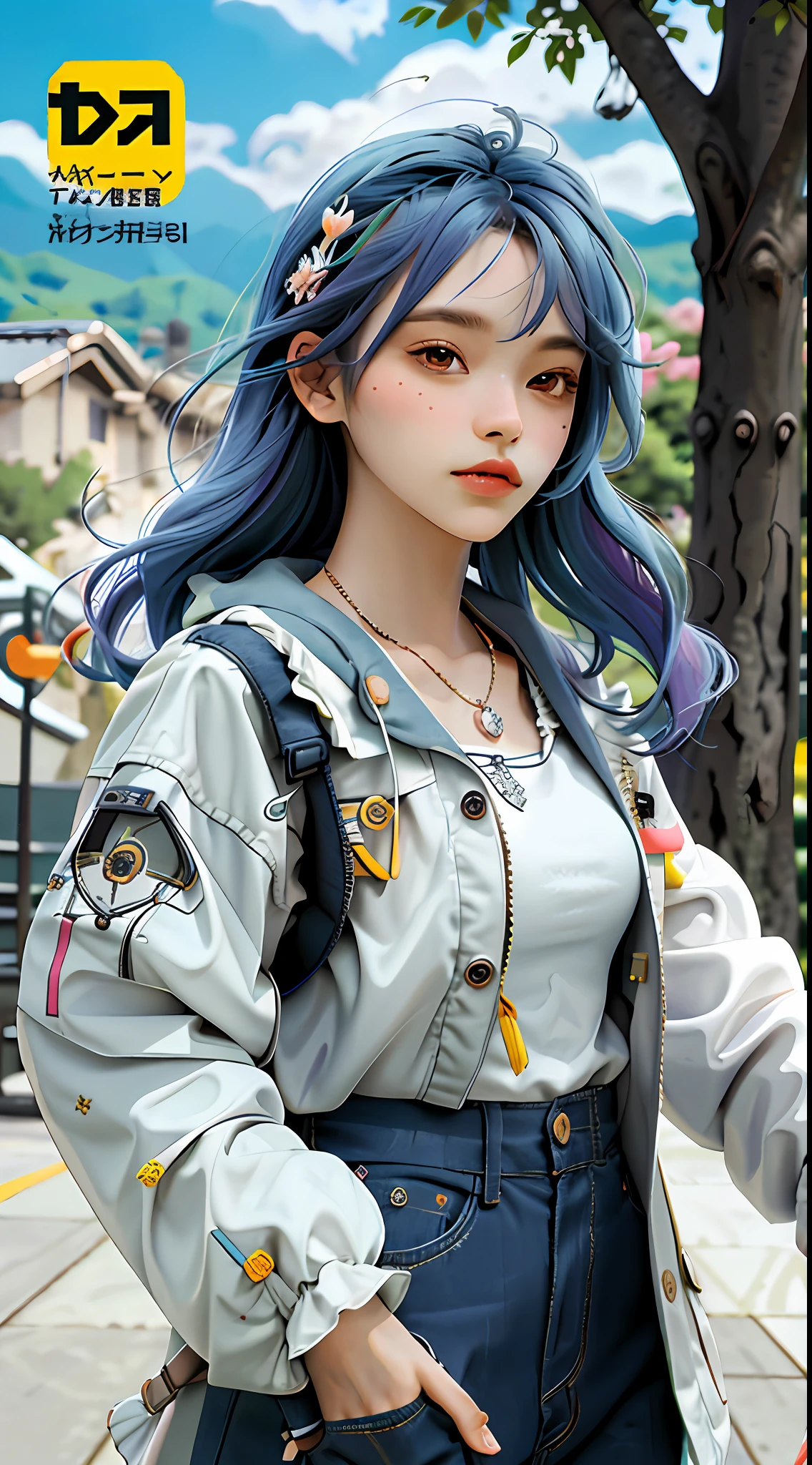 masterpiece, best quality, spring outfit, colorful hair,  outdoor, magazine cover ,upper body, different,
