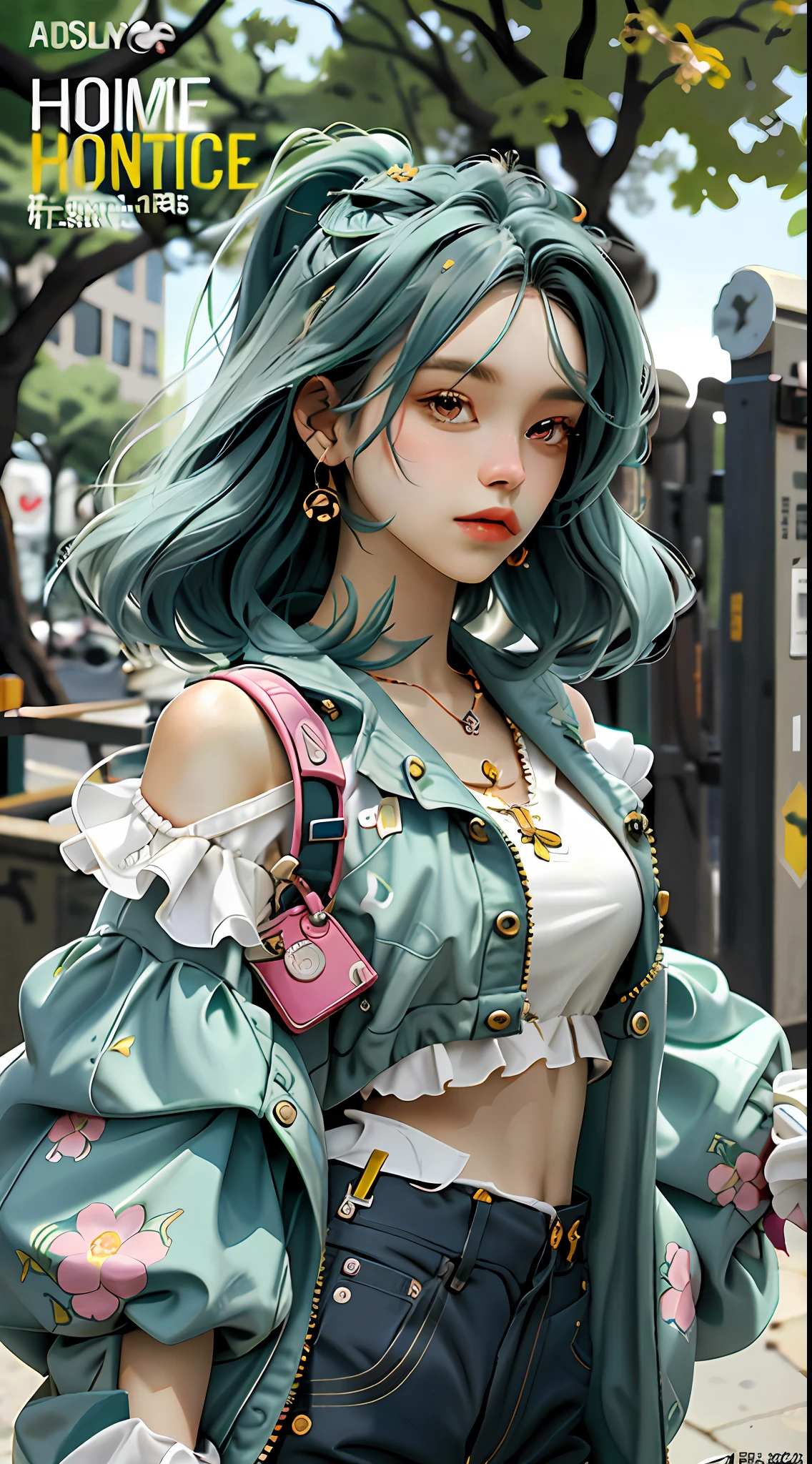 masterpiece, best quality, spring outfit, colorful hair, outdoor, magazine cover ,upper body, different,