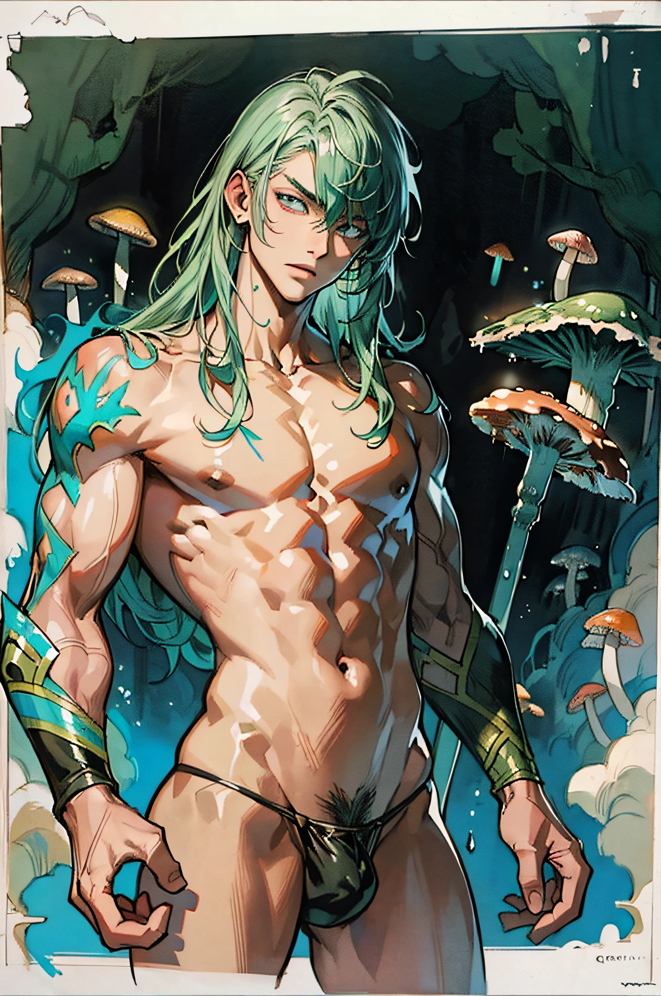 (masterpiece, best quality), 1boy, wearing micro thong, full mast, erect bulge, see-through thong , mushroom water world, wide angle, athletic body, male, iridescent skin, flat chest, silver eyes, green hair styled in spikes, determined expression, bioluminescent lighting, small waist, broad chest, big mane, slim scruffy, muscular , illustration, watercolor ink sketch, (best quality)), intricate detailed,solo, masterpiece, art by hermann nitsch, zdzislaw beksinski, dariusz zawadzki, giger, dragan bibin and l