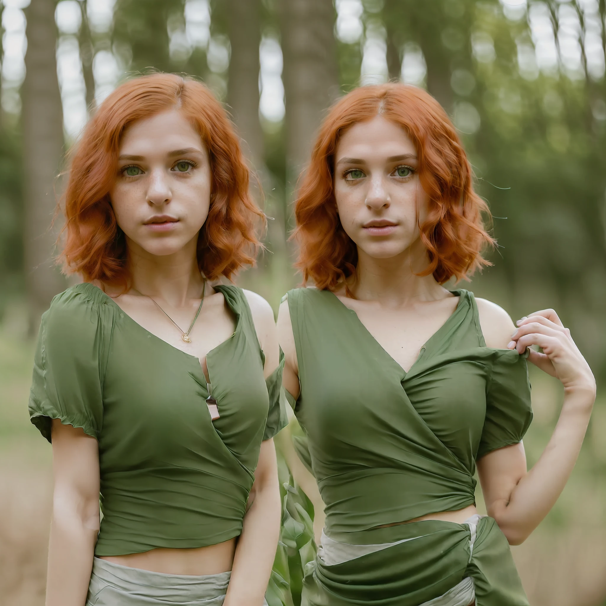 1 girl ((RAW, style, face, extremely detailed full body color photo of a girl, gorgeous face, gorgeous green eyes, (((big nose)), ((short fabric top)), small breasts, slim body, outdoors, trees, ((film grain, skin details, highly detailed skin texture, 8k hdr, dslr)) red hair, trans girl, bob hair