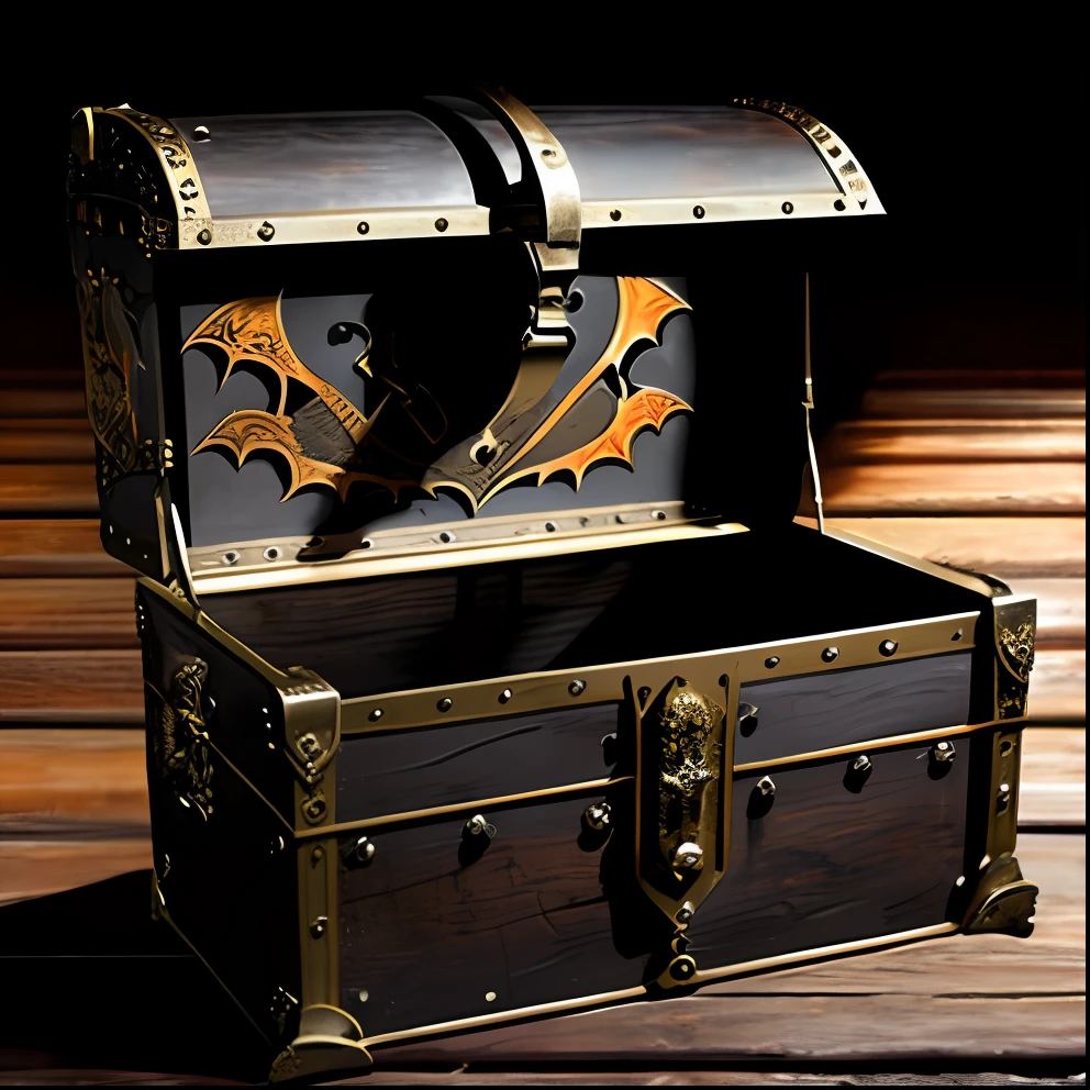 Realism and metal trim treasure chest opened on a table,The chest is adorned with a bat pattern,motley,full,ultra-detailed, realistic, hyper-realistic,volumetric lighting,atmospheric lighting,background out of focus