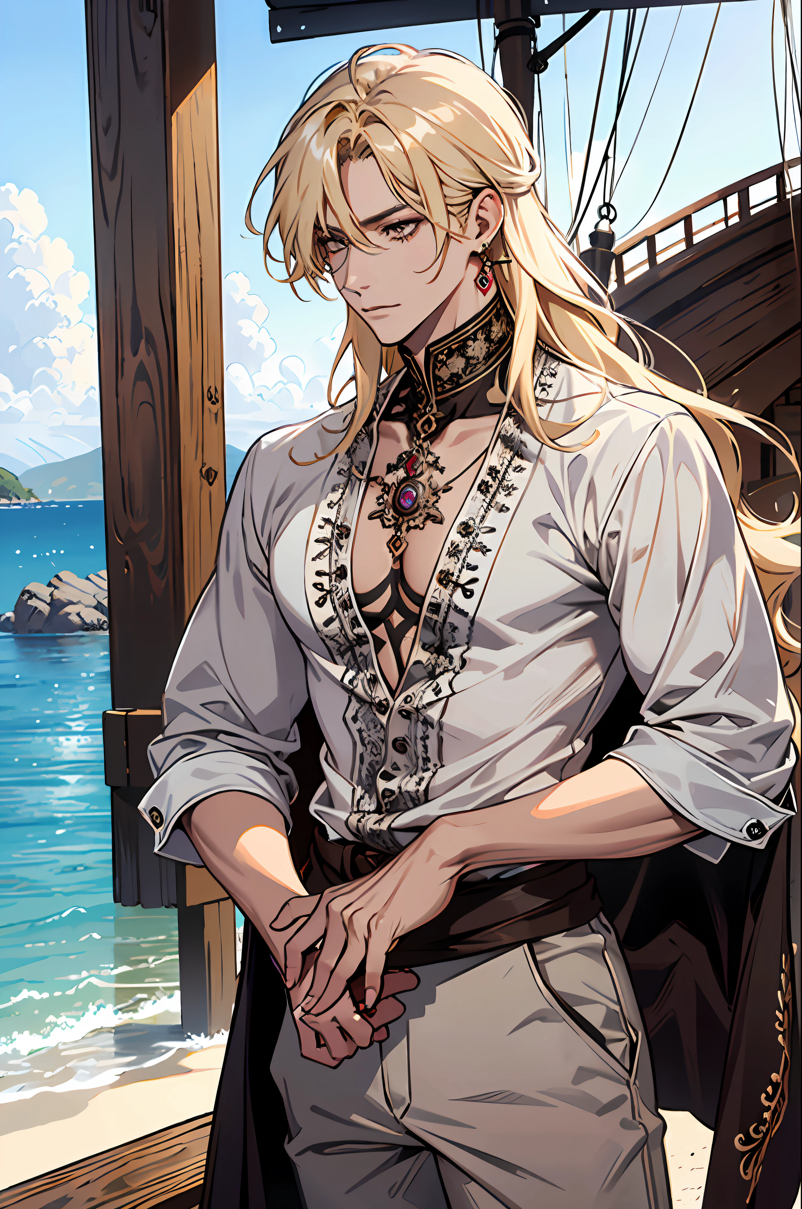 masterpiece, absurdres, best quality ,intricate details , (shiny skin, shiny body, shiny oily luster skin, shiny hair, pale skintone), pirate ship , Sundown , ((1man)), attractive, ((muscular)), adult, one eye patch, tattoo ,white blouse, earrings, brown pants, Parrot on the shoulder , Don't look at the view , Not looking at the view, blonde very long hair
