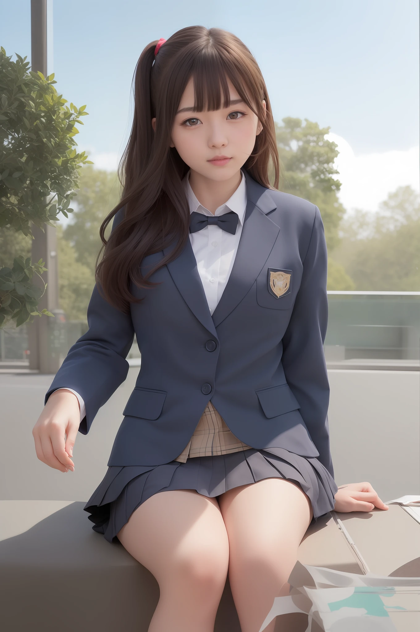 ulzzang-6500-v1.1, (Raw photo:1.2), (Photorealistic:1.4), Big,smile,beautiful detailed girl, Very detailed eyes and face, Beautiful detailed eyes, ridiculous, incredibly ridiculous, huge file size, ultra detailed, high definition, very detailed, best quality, masterpiece, ((Japan girls' high school uniform)),blazer, very detailed, cg, Unification, 8k wallpaper, fantastic, fine detail, masterpiece, best quality, highly detailed cg uniform 8k wallpaper, light on face, movie lighting, 16 year old girl, knee high