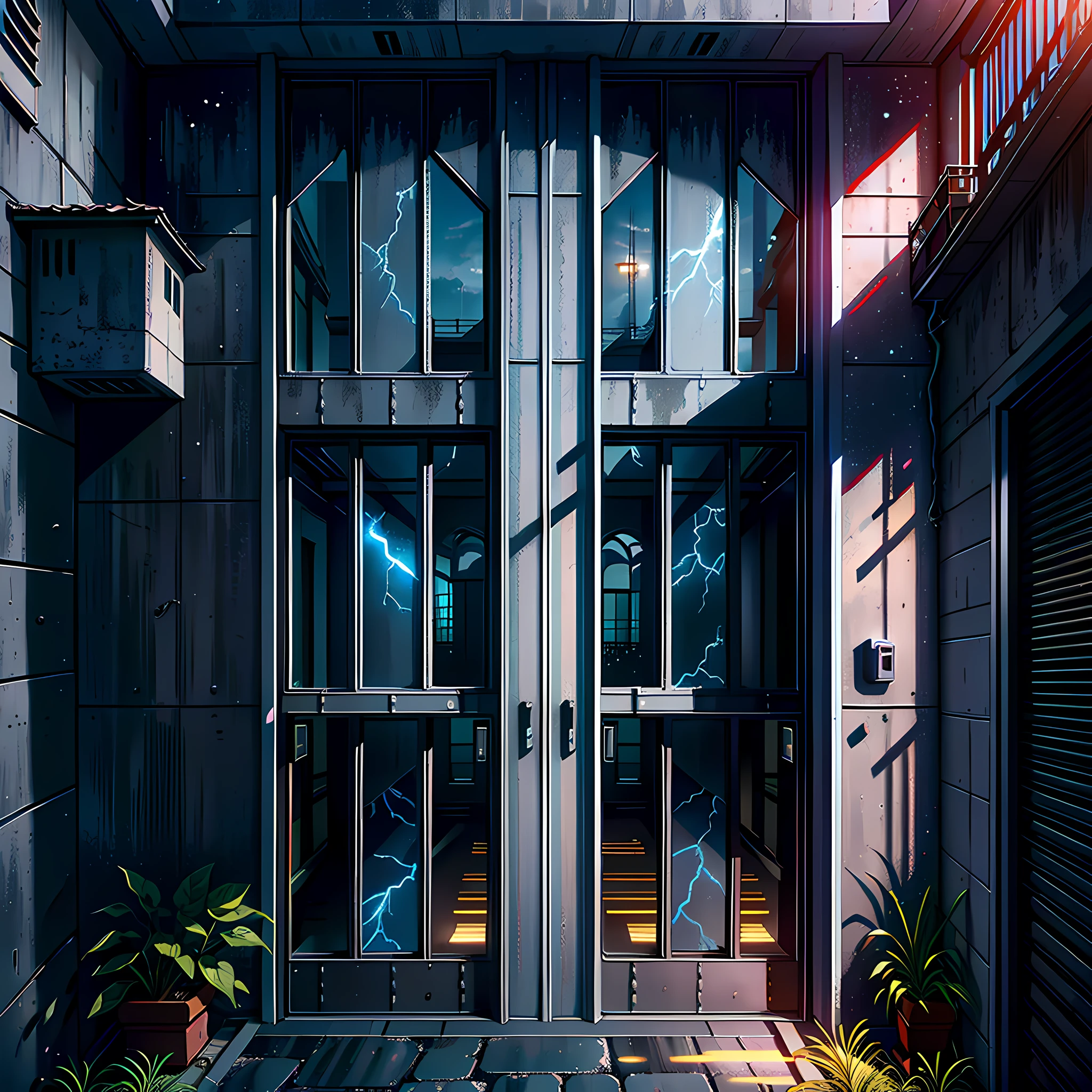 There is a steel parapet in the doorway, high voltage electricity installed on the perimeter wall, ultra detail, high realism, 4K, chiaroscuro, super high detail