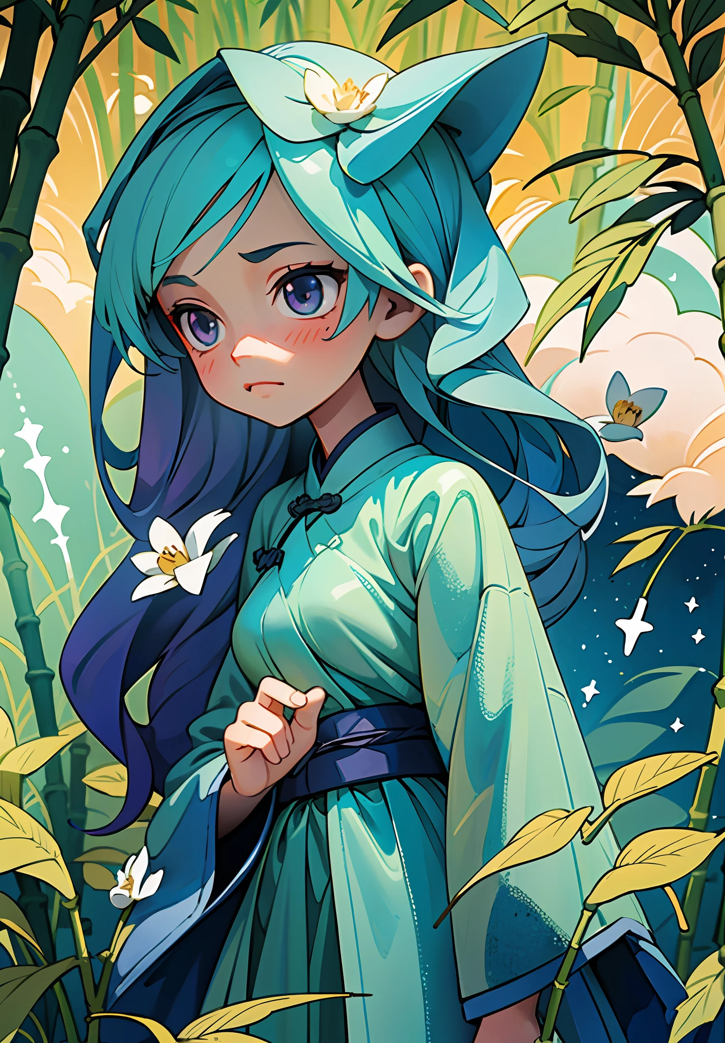Masterpiece, Best Quality, Ultra Detailed, 1 Girl, on this cold autumn night, a mysterious and leisurely bamboo forest scene, a young girl wearing a light veil and a sad face stands on the bridge. She stared at the stream quietly, as if thinking about something. A creek babbling, a sea of clouds and a starry sky intertwined, and an antique bridge spans it, under which a few fallen leaves and bamboo leaves float. Starlight dotted in this secluded bamboo forest adds infinite spirituality to this beautiful scene. The whole scene presents low-saturation colors, with gray blue, light gray, dark green, dark green, dark purple and dark blue as the main tones, giving people a cool, aesthetic and elegant feeling. This color also provides an ideal basis for expressing mysterious, psychedelic emotions. The style of this scene can be described as antique, fairy, ink painting and landscape mood. They all have the characteristics of traditional Chinese culture, and they are very good at depicting the artistic conception of mountains and rivers, and combine them with fairy tale elements to show an otherworldly temperament. At the same time, the painting also presents the artistic style of ink painting, making the whole scene more elegant and poetic. The girl's sad emotions reflect the whole painting, which makes people have endless reverie. Her dress also reflects the beauty, elegance and antique of the whole painting, adding a bit of tenderness and warmth to the whole painting