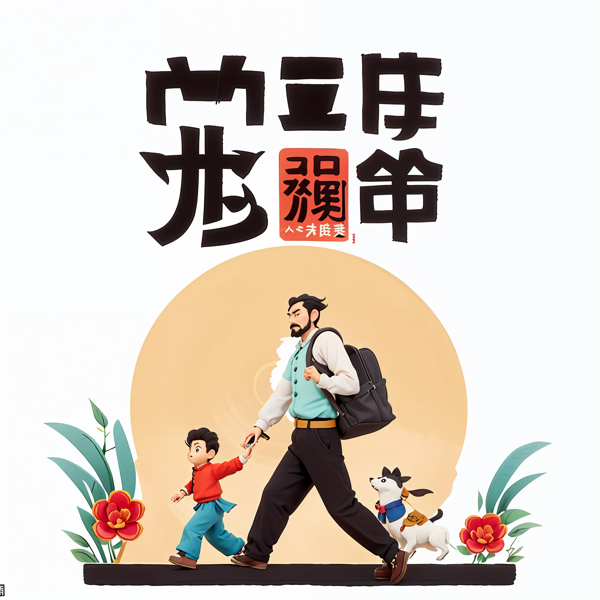 Chinese poster, a man walking with a child and a dog, poster illustration, Chen Daofu, Zhongyuanjie, Cheng Jiasui, Gao Cen, Xi Gang, magazine illustration, Chen Hongshou, Sheng Maoye, Yan Hui