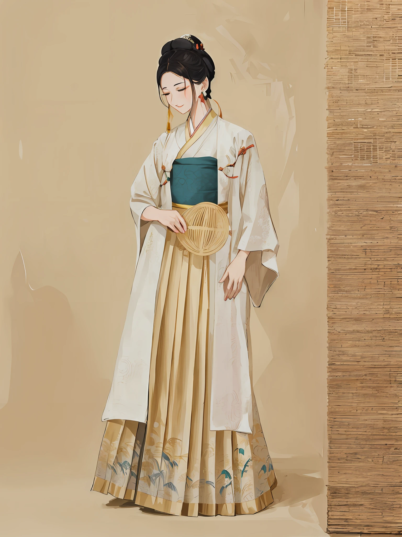 araffe woman in a traditional dress standing in front of a bamboo wall, hanfu, white hanfu, traditional chinese clothing, traditional clothes, traditional clothing, with acient chinese clothes, long beautiful flowing kimono, classical robes, inspired by Emperor Huizong of Song, pale and coloured kimono, japanese clothes, inspired by Tang Di, embroidered robes