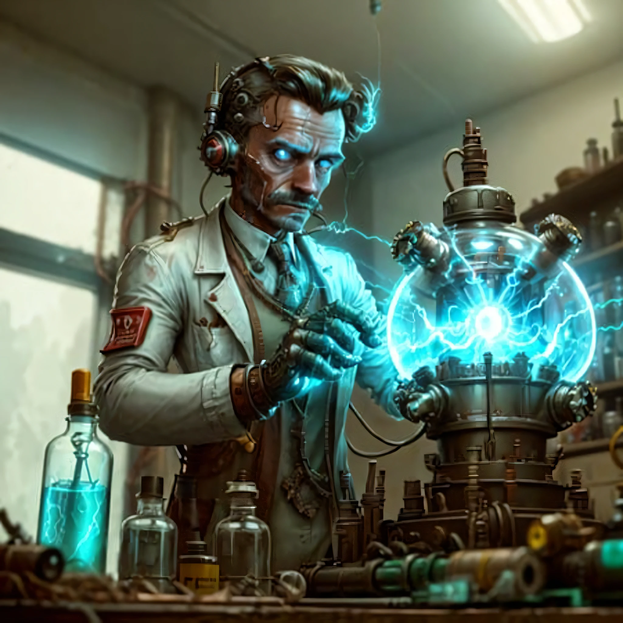 retro teslapunkai , valvepunk, strange device in laboratory, scientist, cluttered environment, lightning bolts