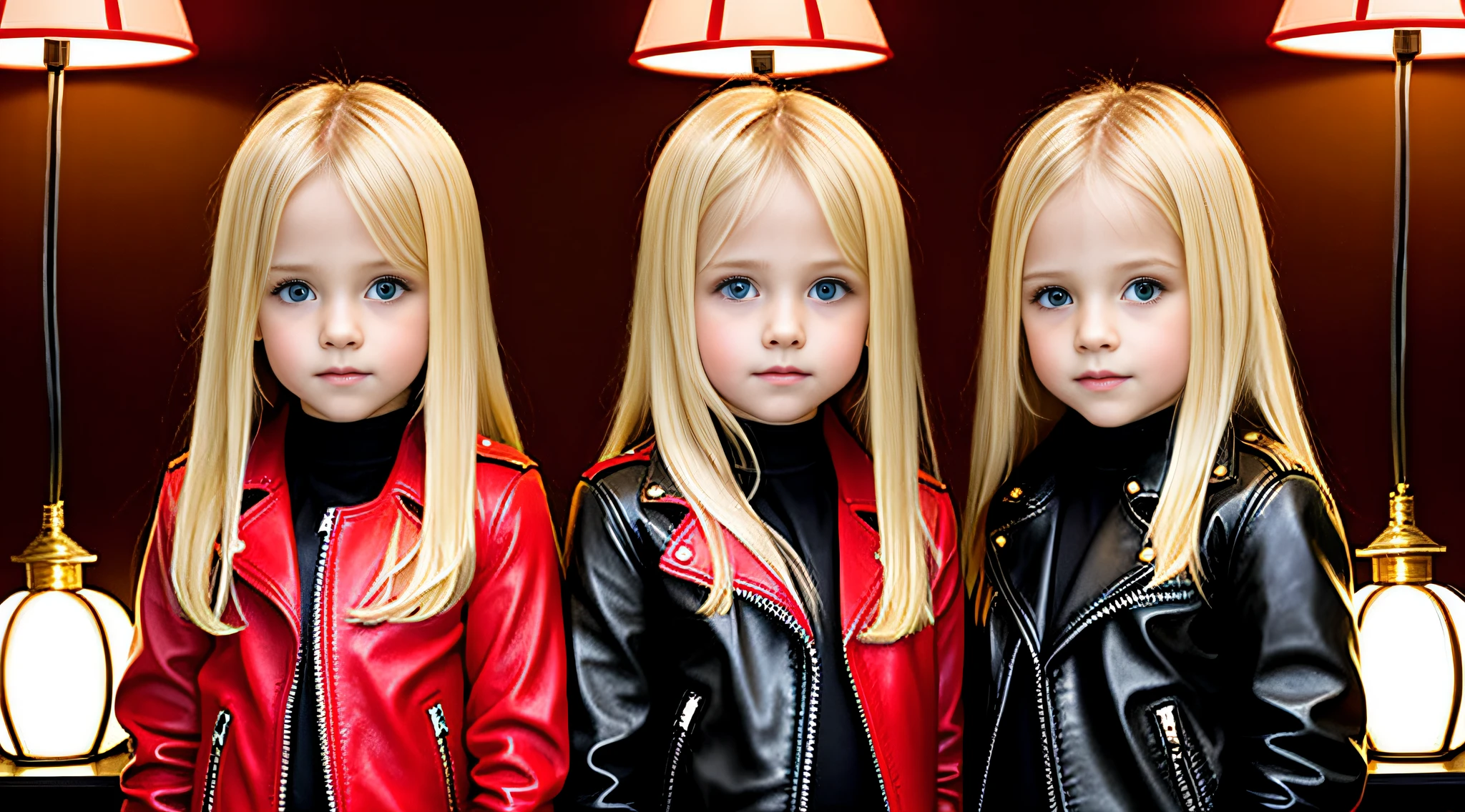 blonde girls WITH STRAIGHT HAIR,BOTTOM with lamps, red leather jacket and black clothing.
