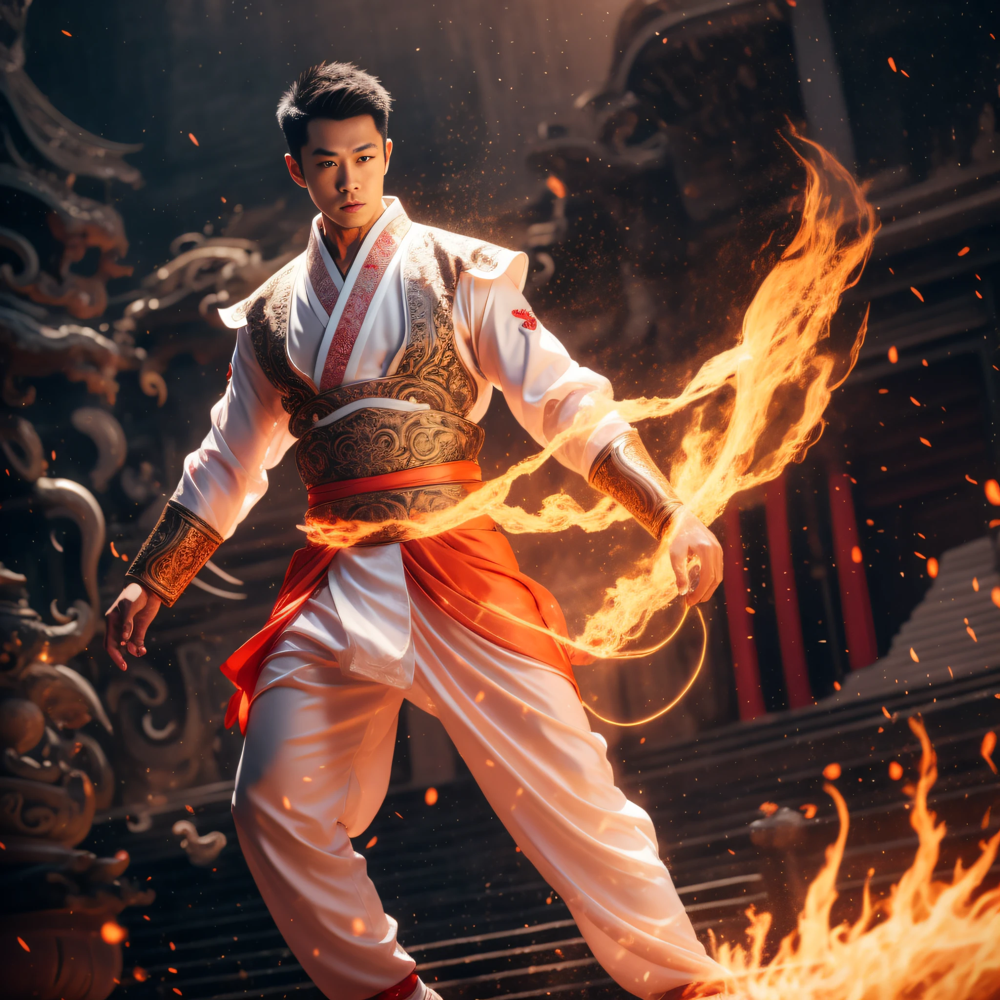 Handsome guy, 25 years old, Asian, master work, best picture quality, higher quality, high detail, super high resolution, 8k resolution, delicate facial features, boy, big muscles, tattoos, glowing eyes, short hair, hair details, (full body: 0.6), detailed background , [[look away, look to the side, emphasize homosexuality and pay attention to every detail , open Hanfu transparent tulle jacket, white rubber pants, circling dragon, Chinese garden background ((((crotch bulge))))), flame, flame spell, Fire fighting, Chinese kung fu, fingerless gloves, wristbands, dragon-themed costumes, monk robes, spinning floating particles, dynamic composition, burning architectural background