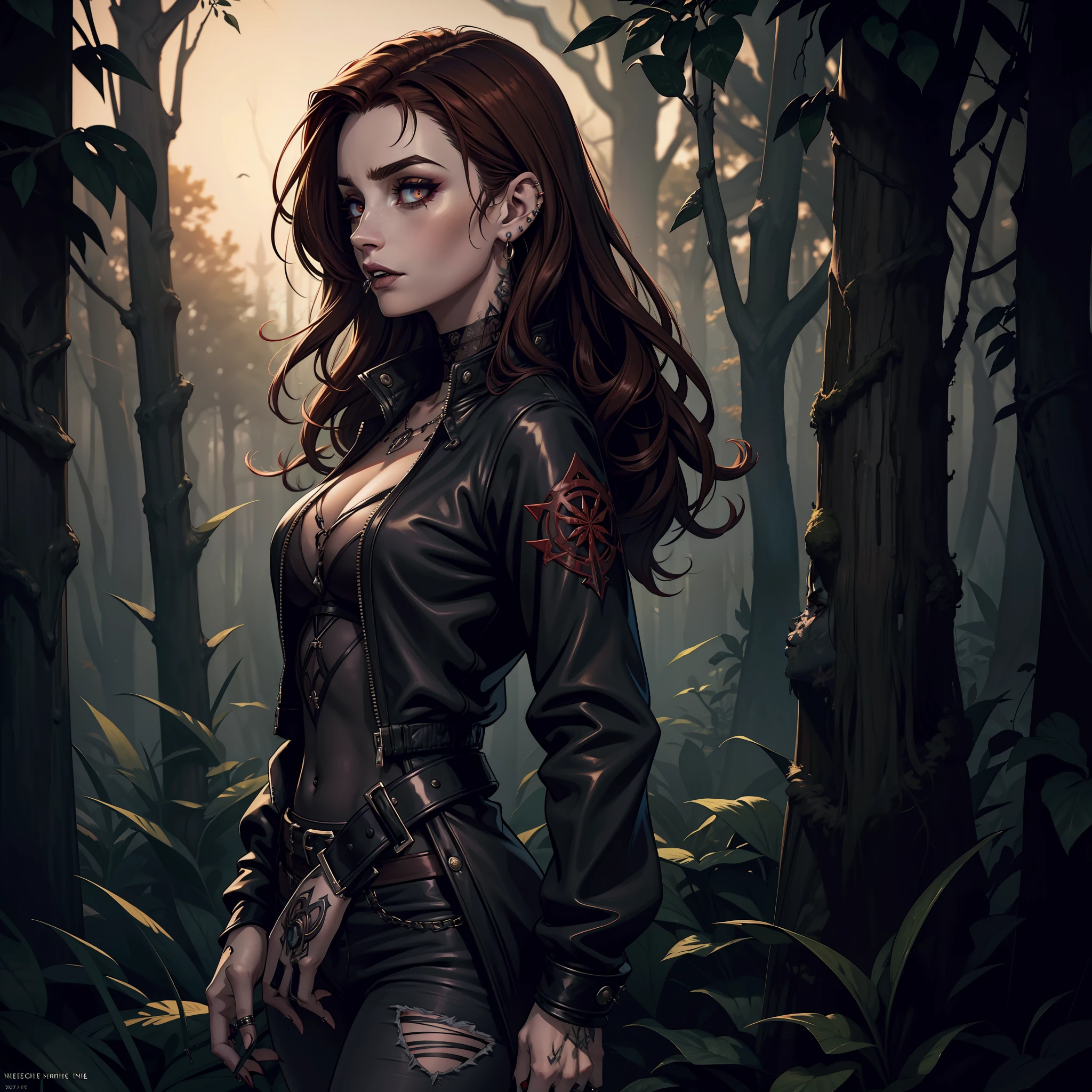 (extremely detailed 8k wallpaper), dark theme, Vampire the Masquerade, modern horror, 2020s, young woman, wearing hippie gothic jacket with ripped jeans, sharp focus, (subsurface scattering:1.1), award-winning photography, centered face, Lily Collins face, nose piercings, eyebrow piercings, ear piercings, various body tattoos, half-body photo:1.1, medium dark red hair, Heavy Gothic eyeshadow makeup, light brown eyes:1.2, trance expression, mystical smokes swirling in spirals, smoking weed inside a circle of druid chalk in the middle of the forest, dramatic lighting