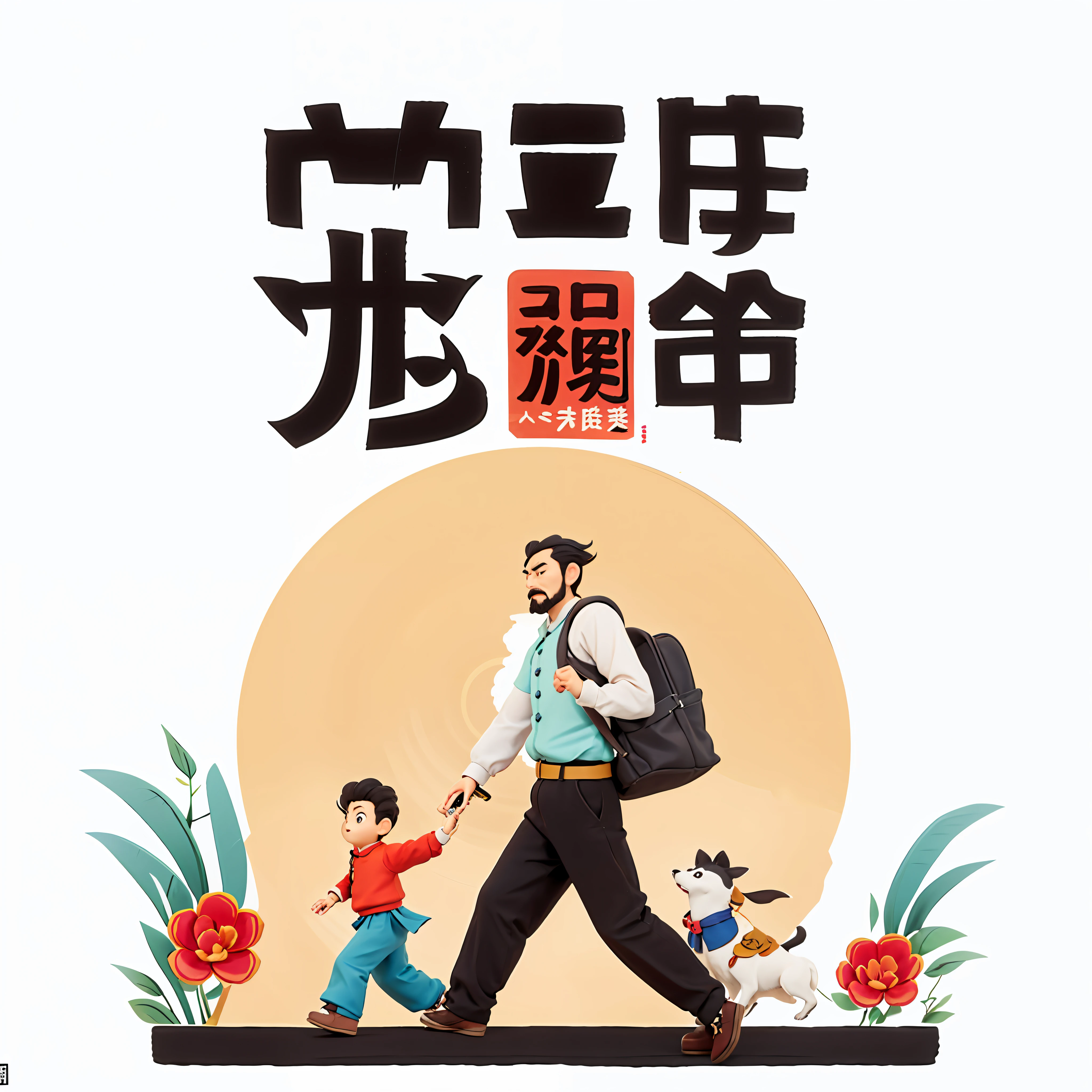 Chinese poster, a man walking with a child and a dog, poster illustration, Chen Daofu, Zhongyuanjie, Cheng Jiasui, Gao Cen, Xi Gang, magazine illustration, Chen Hongshou, Sheng Maoye, Yan Hui