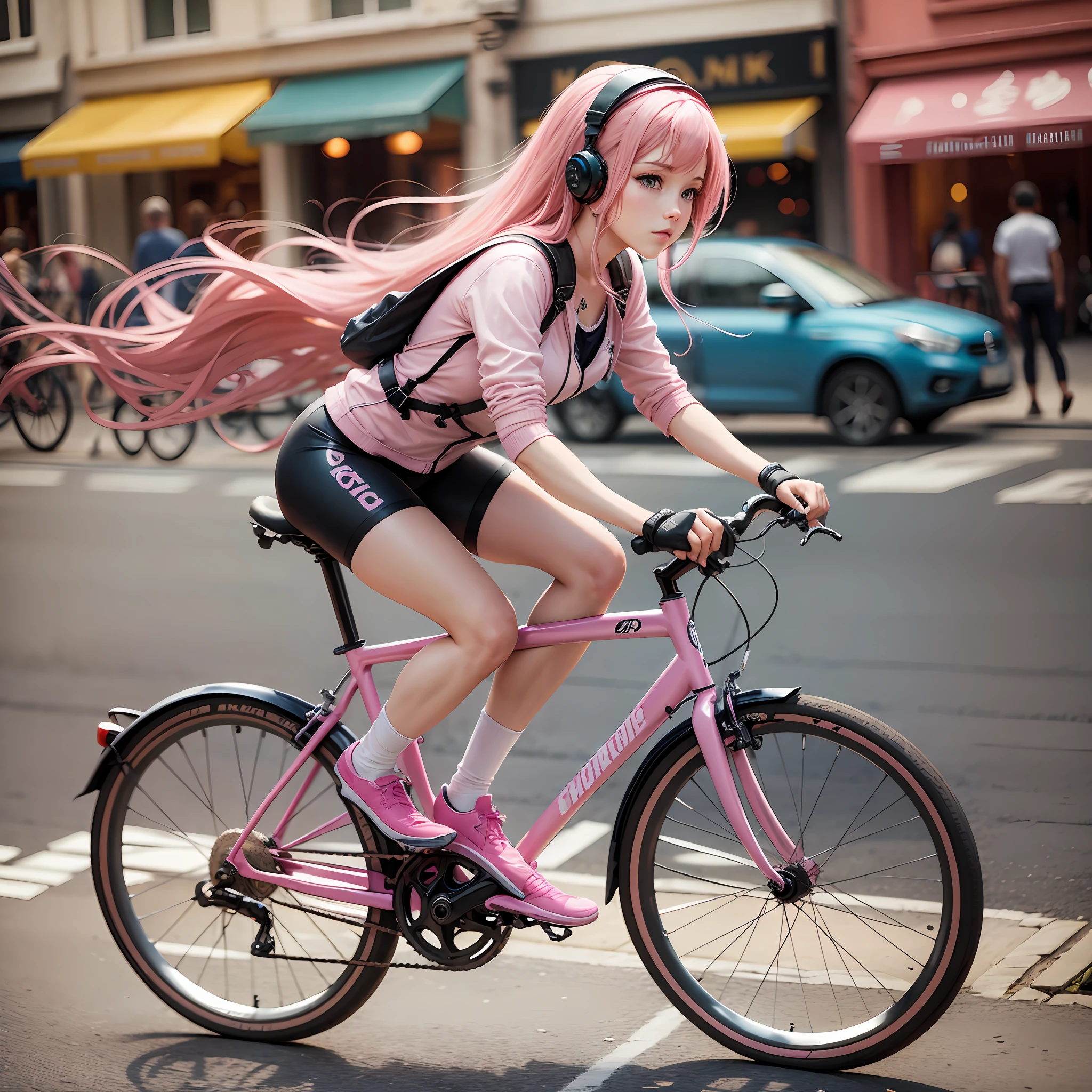 a pink-haired woman riding a bicycle --auto --s2