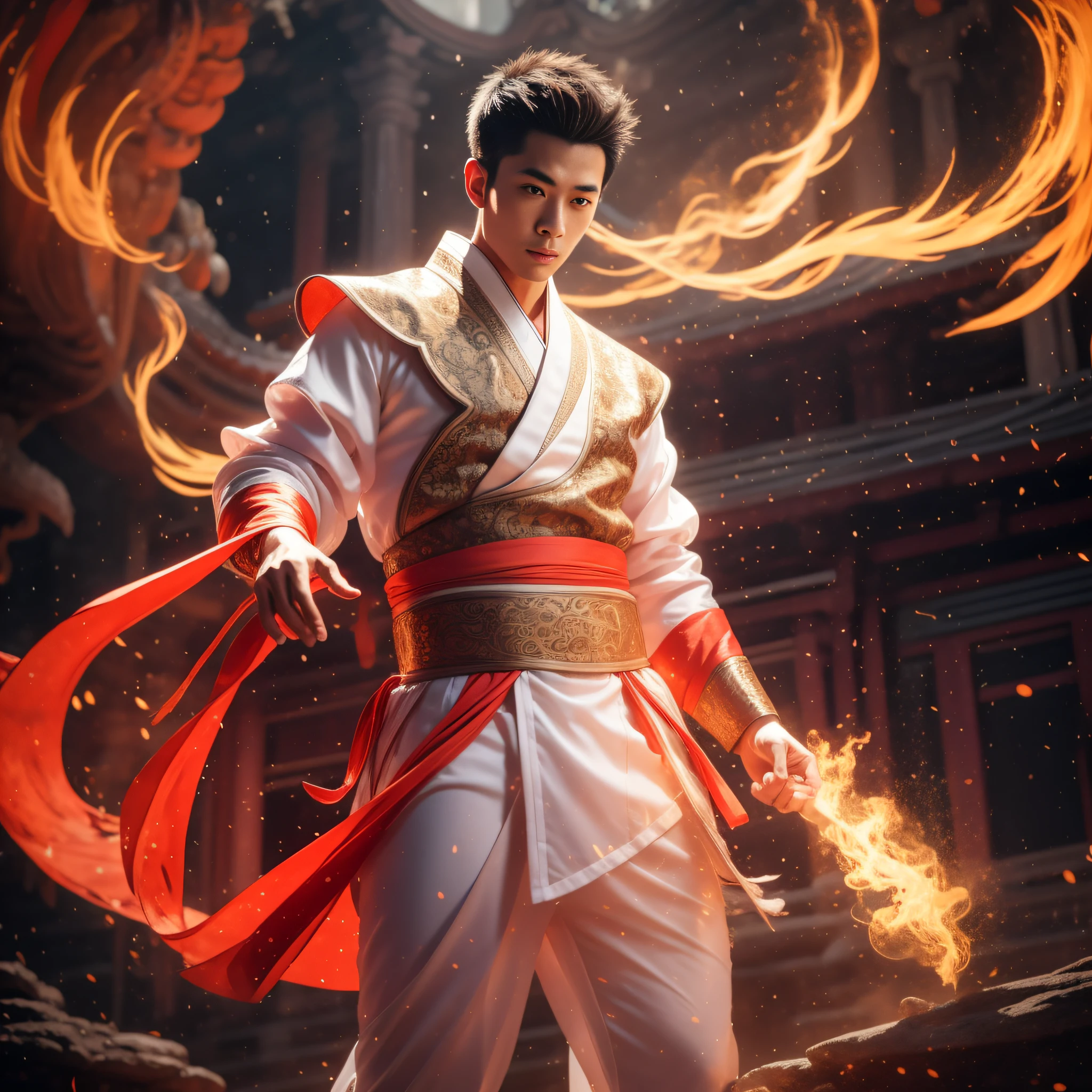 Handsome guy, 25 years old, Asian, master work, best picture quality, higher quality, high detail, super high resolution, 8k resolution, delicate facial features, boy, big muscles, tattoos, glowing eyes, short hair, hair details, (full body: 0.6), detailed background , [[look away, look to the side, emphasize homosexuality and pay attention to every detail , open Hanfu transparent tulle jacket, white rubber pants, circling dragon, Chinese garden background ((((crotch bulge))))), flame, flame spell, Fire fighting, Chinese kung fu, fingerless gloves, wristbands, dragon-themed costumes, monk robes, spinning floating particles, dynamic composition, burning architectural background