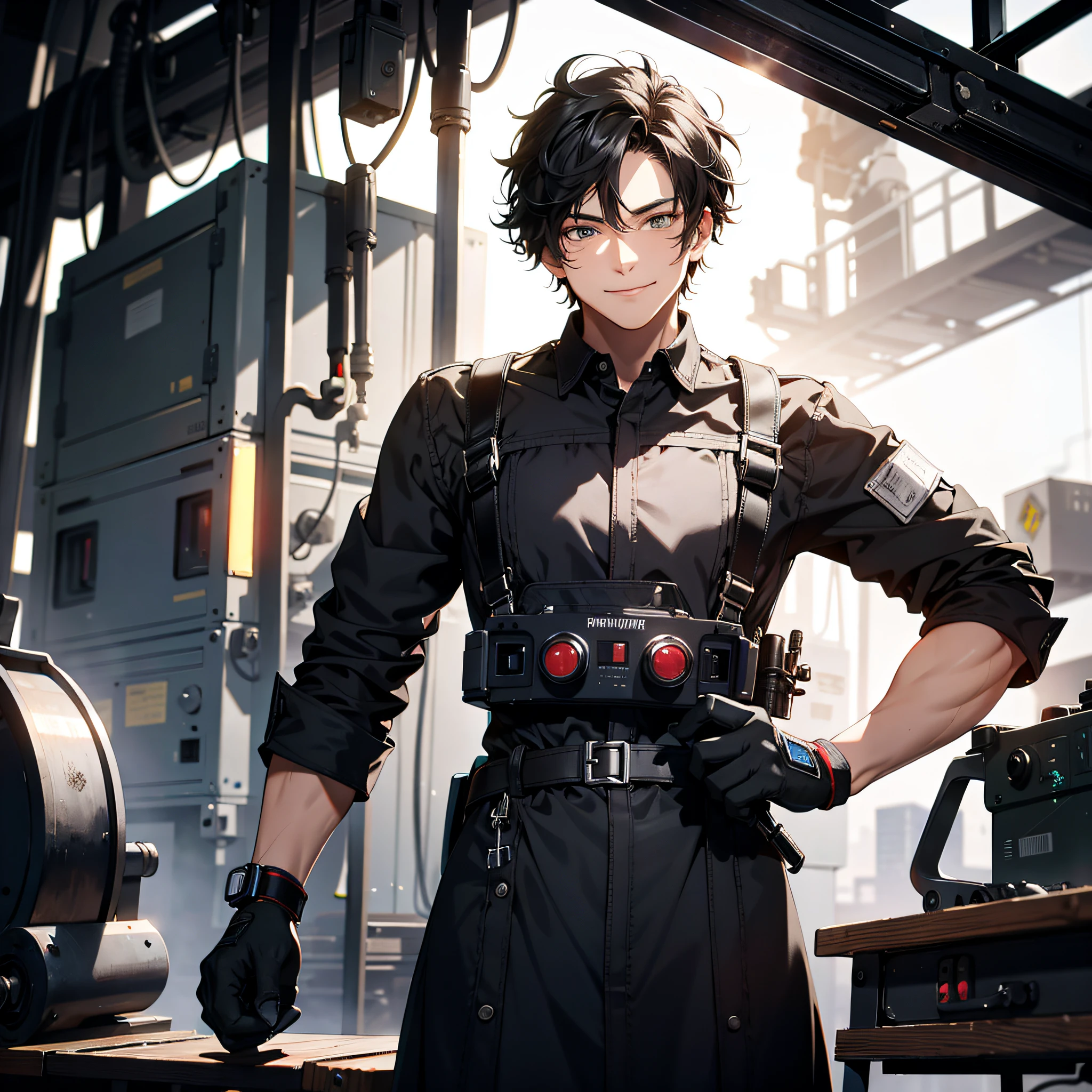 Absurd resolution, high resolution, (masterpiece: 1.4), hyper-detail, young man's messy short black hair, welder dress, grinning look, factory high-tech workbench operation, technology sense screen