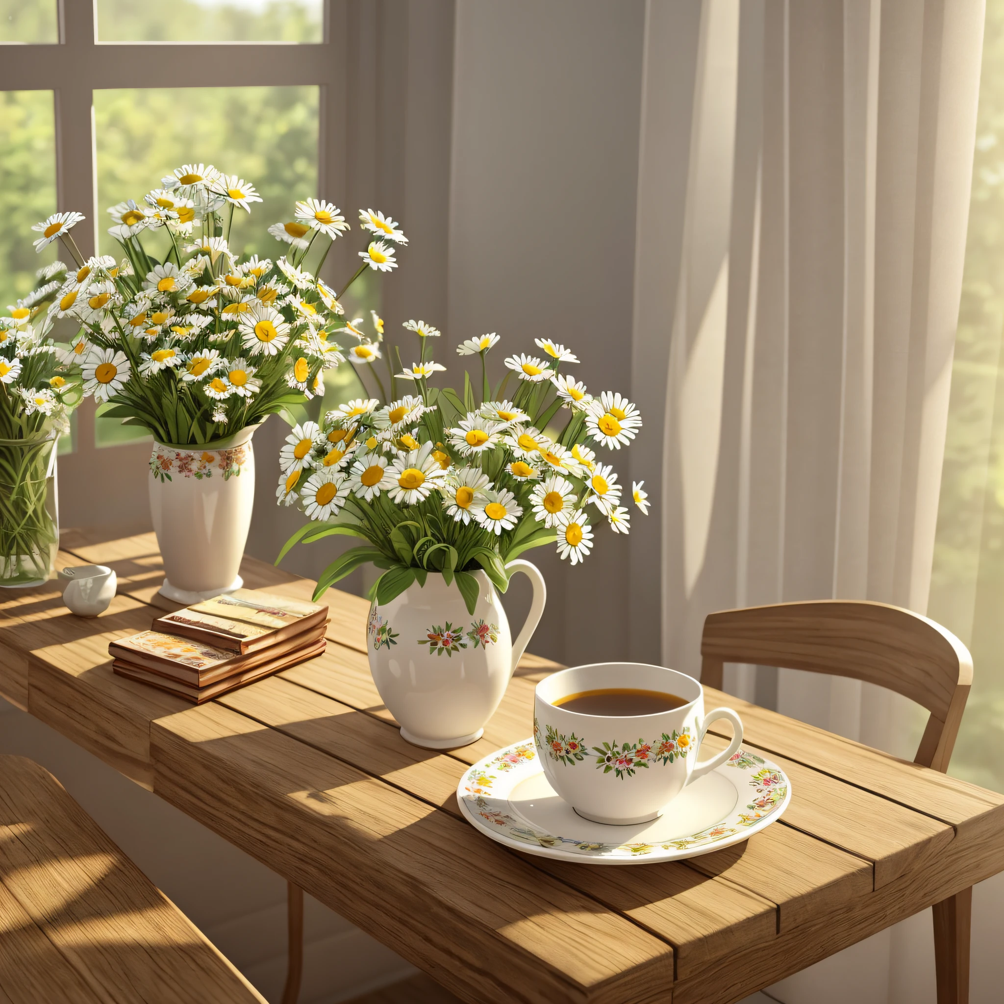 there is a cup of daisies on a wooden table, canvas print, in the morning, morning time, vase with flowers, chamomile, flowers background, cheerful atmosphere, early morning mood, flowers in background, cozy cafe background, beautiful flowers, early morning, bloom and flowers in background, springtime morning, awesome greate composition, highly detailed composition, photoreal render --auto --s2