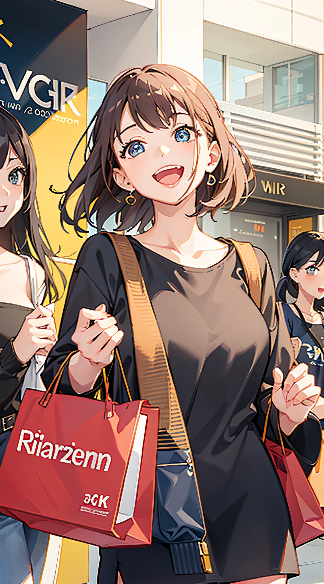 A modern shopping center, a fashion store. Two girls in fashionable stylish clothes, carrying a lot of shopping bags, and her face shows excitement, joy and satisfaction, morning sun, bright colors, ray tracing, full-length, detailed face drawing, masterpiece, best quality, CG 8k wallpaper