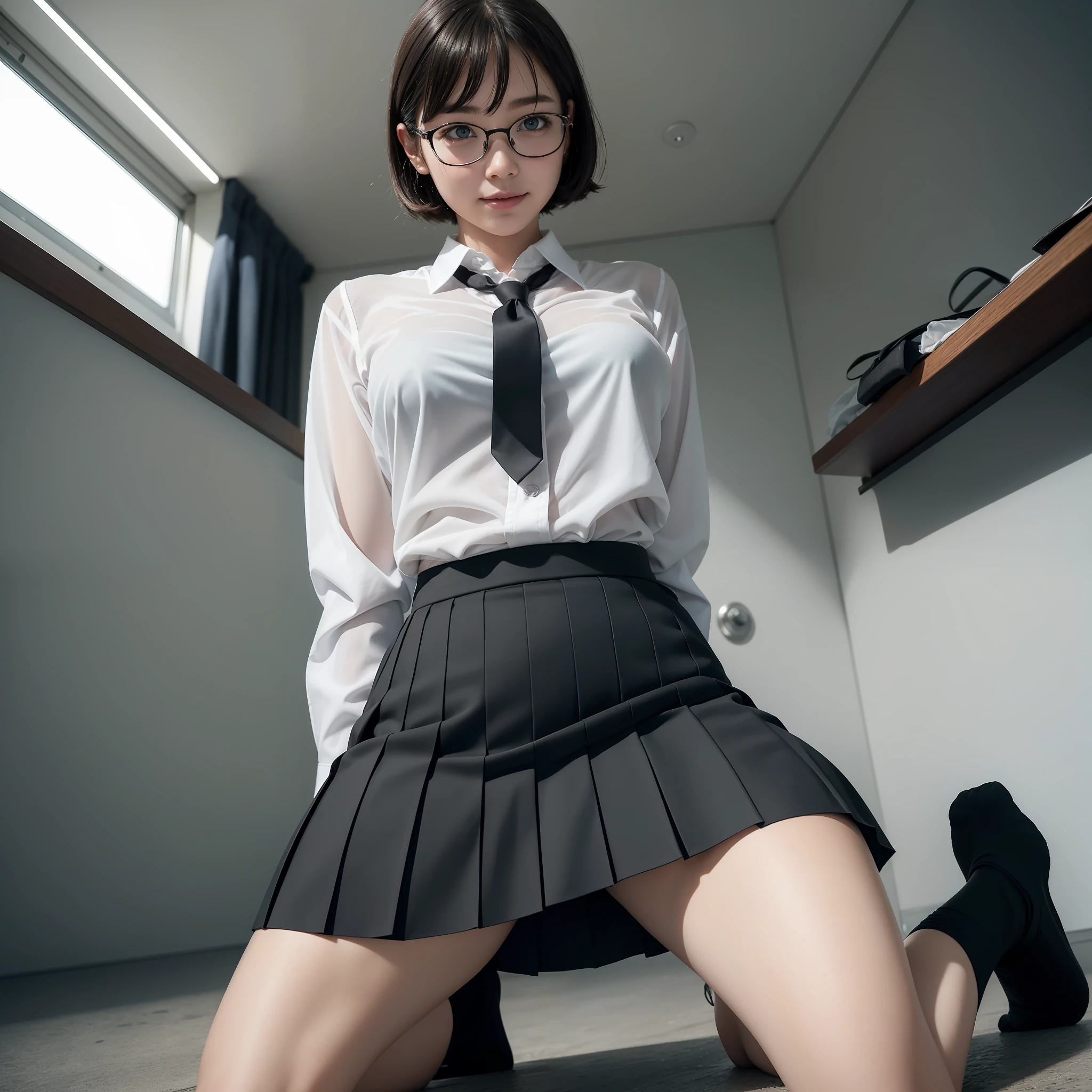 Masterpiece, Top Quality, High Resolution, Hi-Res, One Girl, Solo, Angle from Below, Skirt, Shirt, Blue Eyes, Shirt Without Collar, White Y-Shirt, Unbuttoned Shirt, Unbuttoned, Fluffy, Glasses, Small, Hard, Black Hair, Pleated Skirt, Socks, Black Skirt, Short Hair, Long Sleeves, Bangs, School Uniform, Black Socks, Dress Shirt, Smile, Sweaty, Drenched, Sheer view, Sheer clothing, Wind-in-the-wind skirt, Lift up skirt, Crotch line, Hip line, White underwear, Panty shots, Beautiful leg line, Water droplets running down your legs, Drenched lower body, Wet waist, Excess crotch droplets, Body parts three-dimensional, Exposed undergarment, Realistic skin texture, Focused on feet, Kneeling, Knees spread, Bright room, Finger shifting panties position, lighting from below, bitten panties