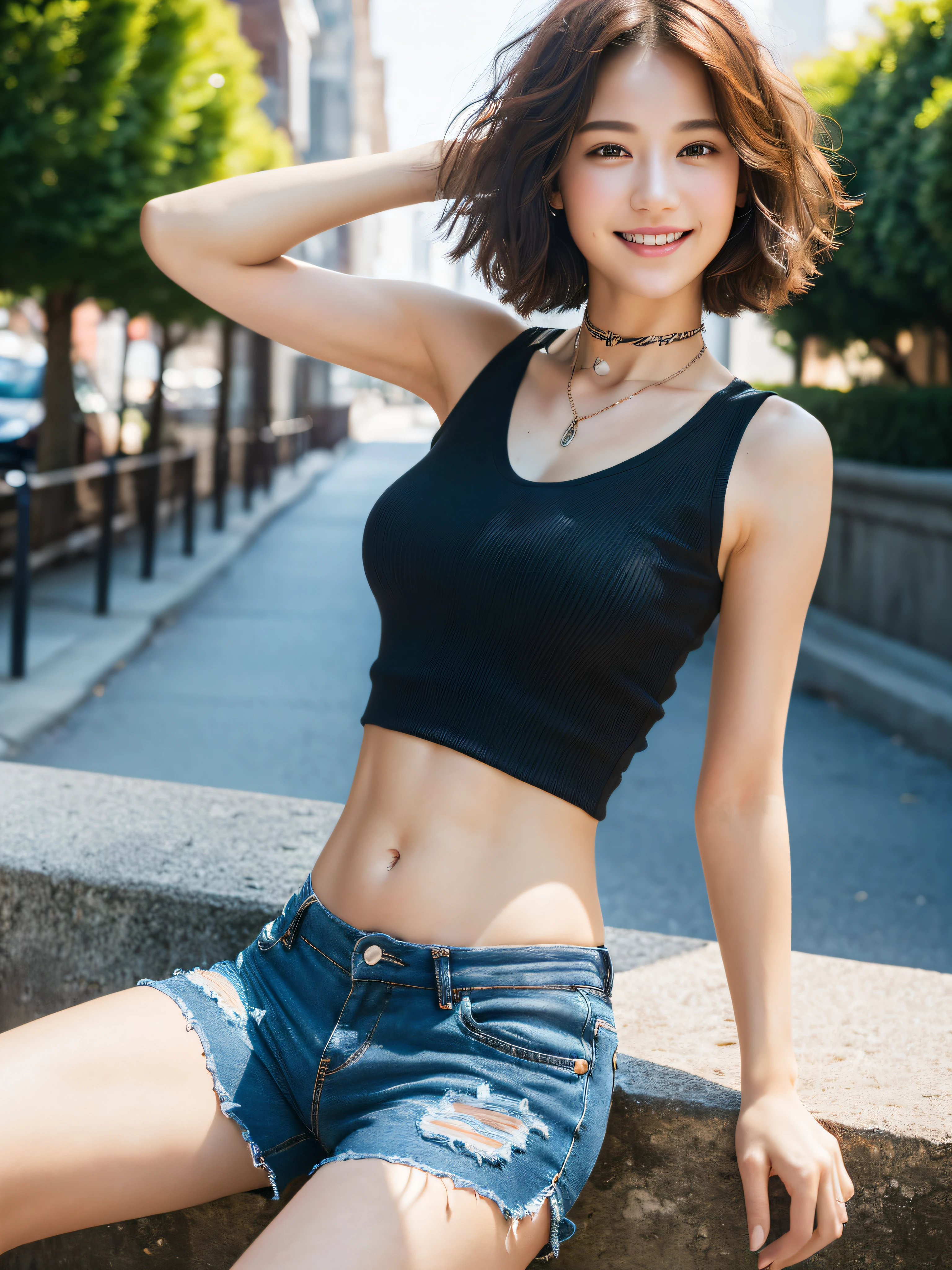 ((Middle breast, tomboy, head small)), Sunlight, Sunlight, (Chiseled abs: 1.1), (Perfect body: 1.1), (Short wavy hair: 1.2), Reddish brown hair, collar, chain, full body shot, crowded street, black tank top, (((Shorts)), (Very detailed CG 8k wallpaper), (Very delicate and beautiful), (Masterpiece), (Best Quality: 1.0), (Ultra High Resolution: 1.0), beautiful lighting, perfect lightning, realistic shadows, [high resolution], detailed skin, super detail, smile,