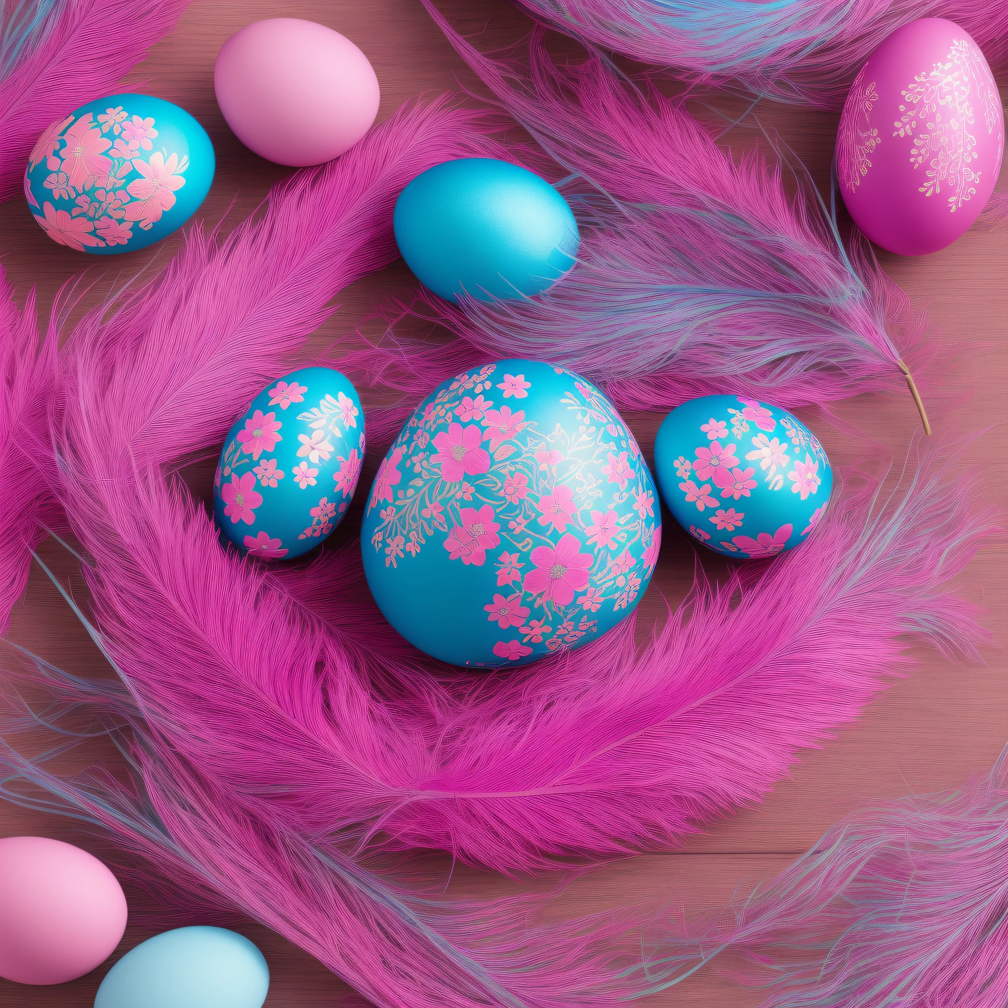 Beautiful colorful composition with richly luxuriously decorated Easter eggs and feathers in blue and pink colors. Generated AI. --auto --s2