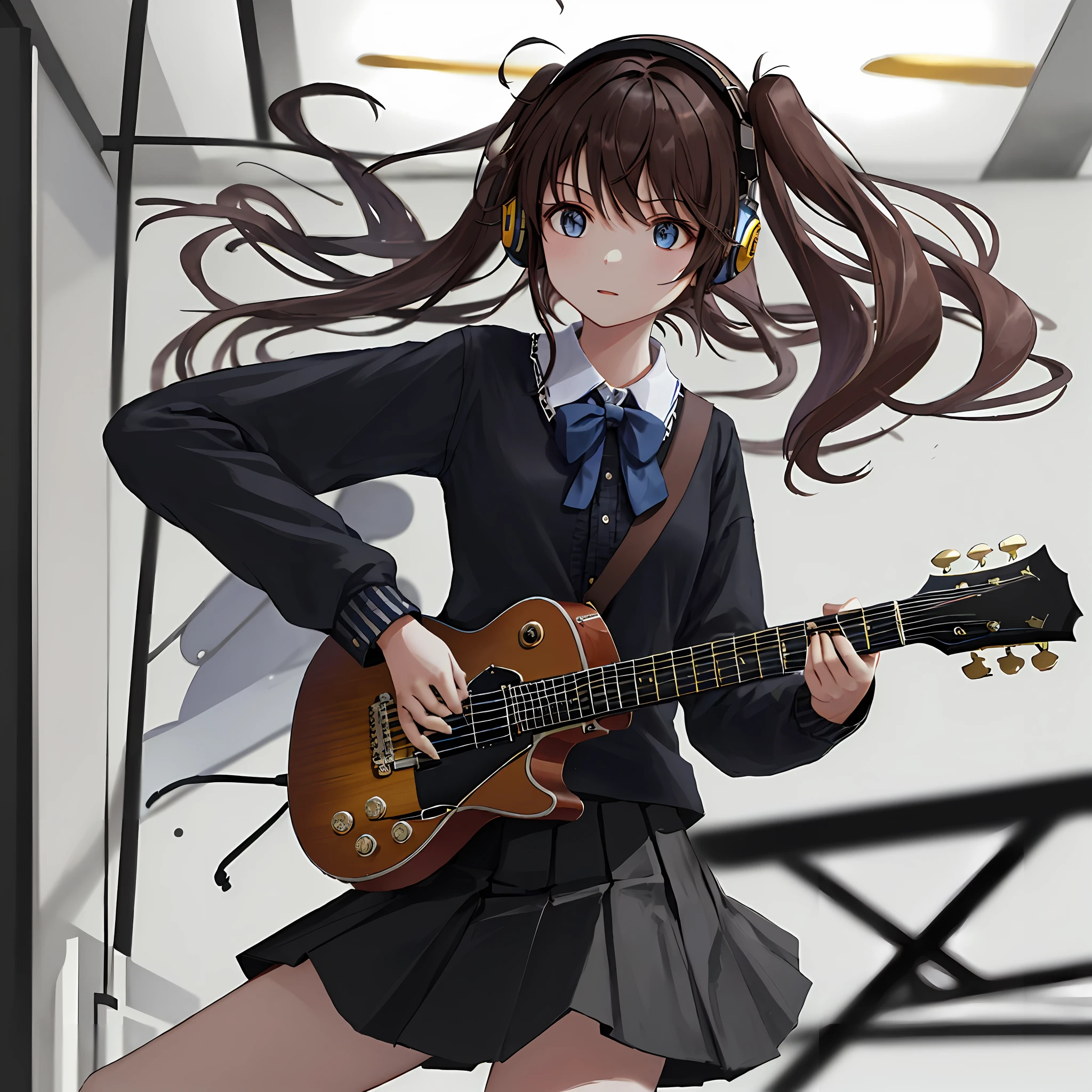 (Masterpiece, highest quality) 1 girl, musical instrument shop, solo, black skirt, blue eyes, electric guitar, guitar, headphones, dynamic pose, holding, plectrum, instrument, long hair, music, one side up, brown hair, guitar playing, pleated skirt, black shirt, indoor, dynamic angle