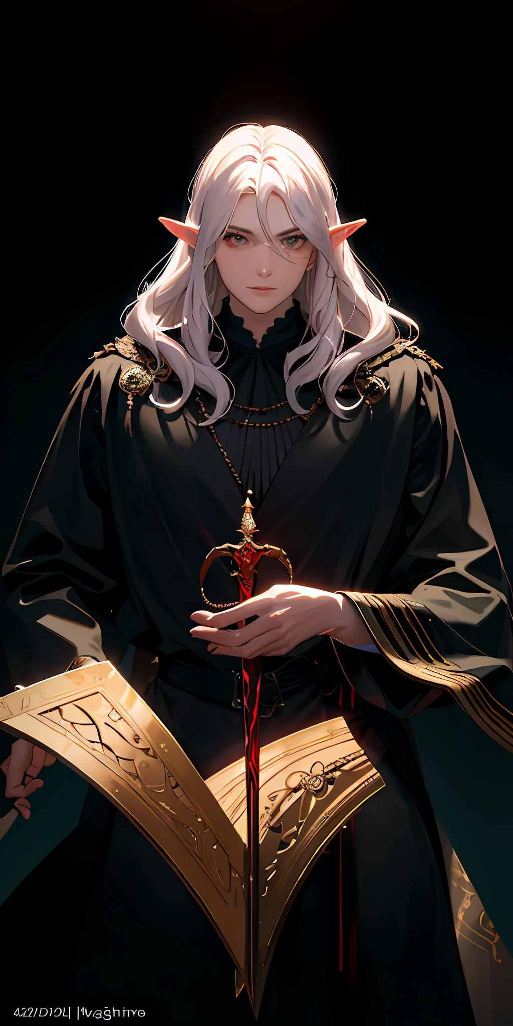 Black disert, the woman in the black robe has a sword in her right hand