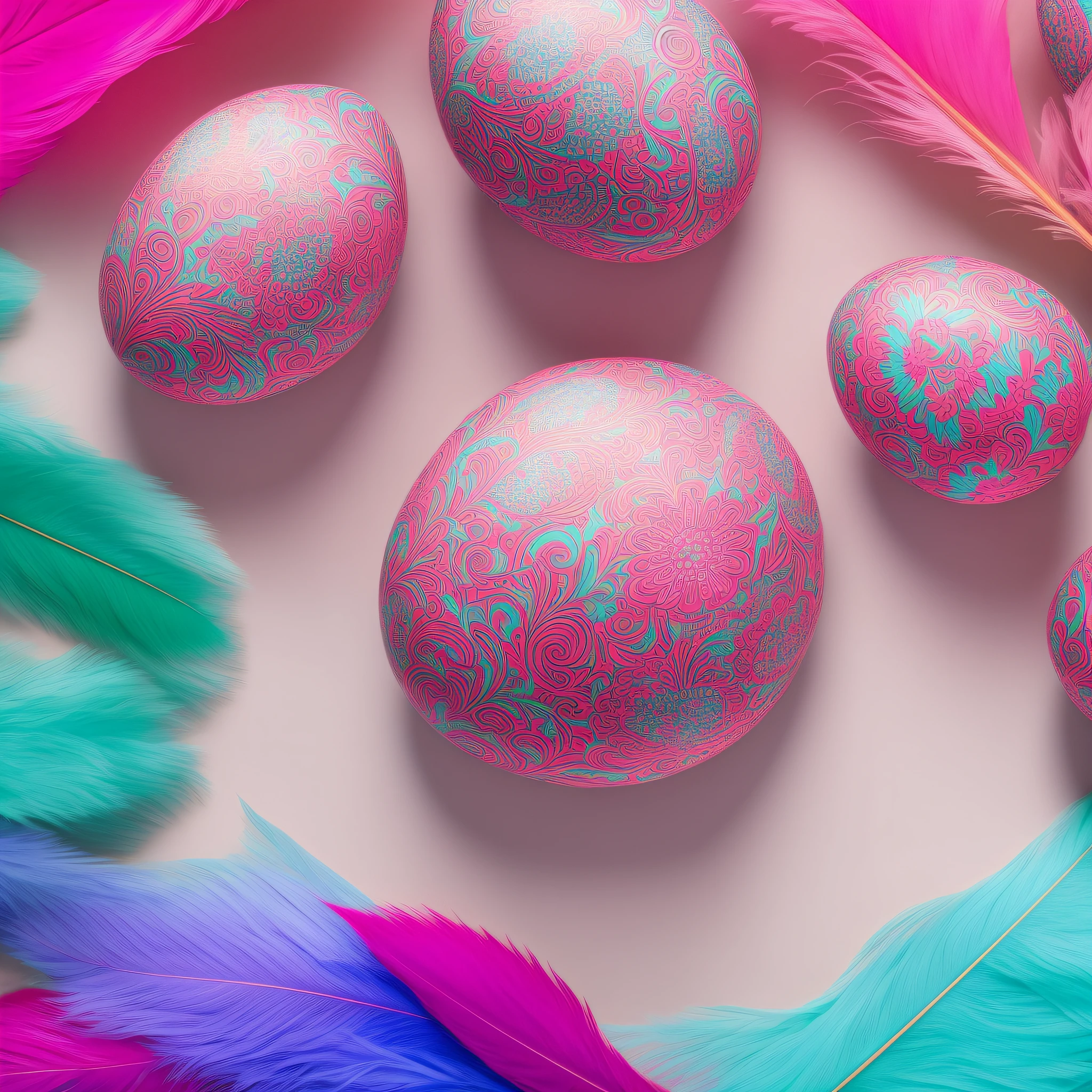 Beautiful colorful composition with richly luxuriously decorated Easter eggs and feathers in blue and pink colors. Generated AI. --auto --s2