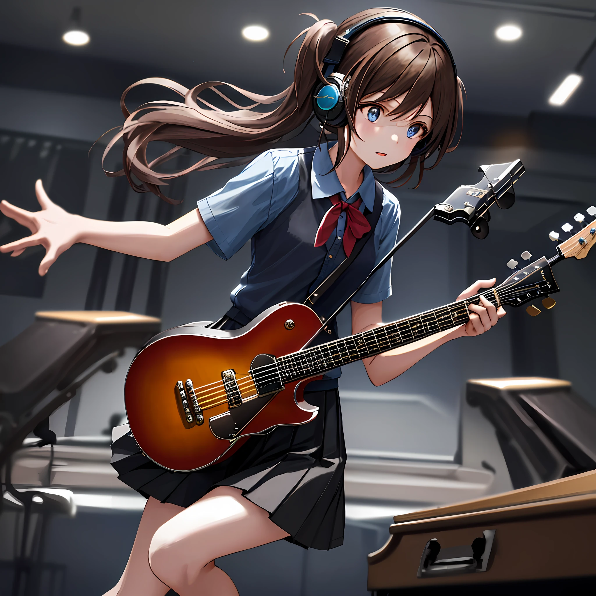 (Masterpiece, highest quality) 1 girl, musical instrument shop, solo, black skirt, blue eyes, electric guitar, guitar, headphones, dynamic pose, holding, plectrum, instrument, long hair, music, one side up, brown hair, guitar playing, pleated skirt, black shirt, indoor, dynamic angle