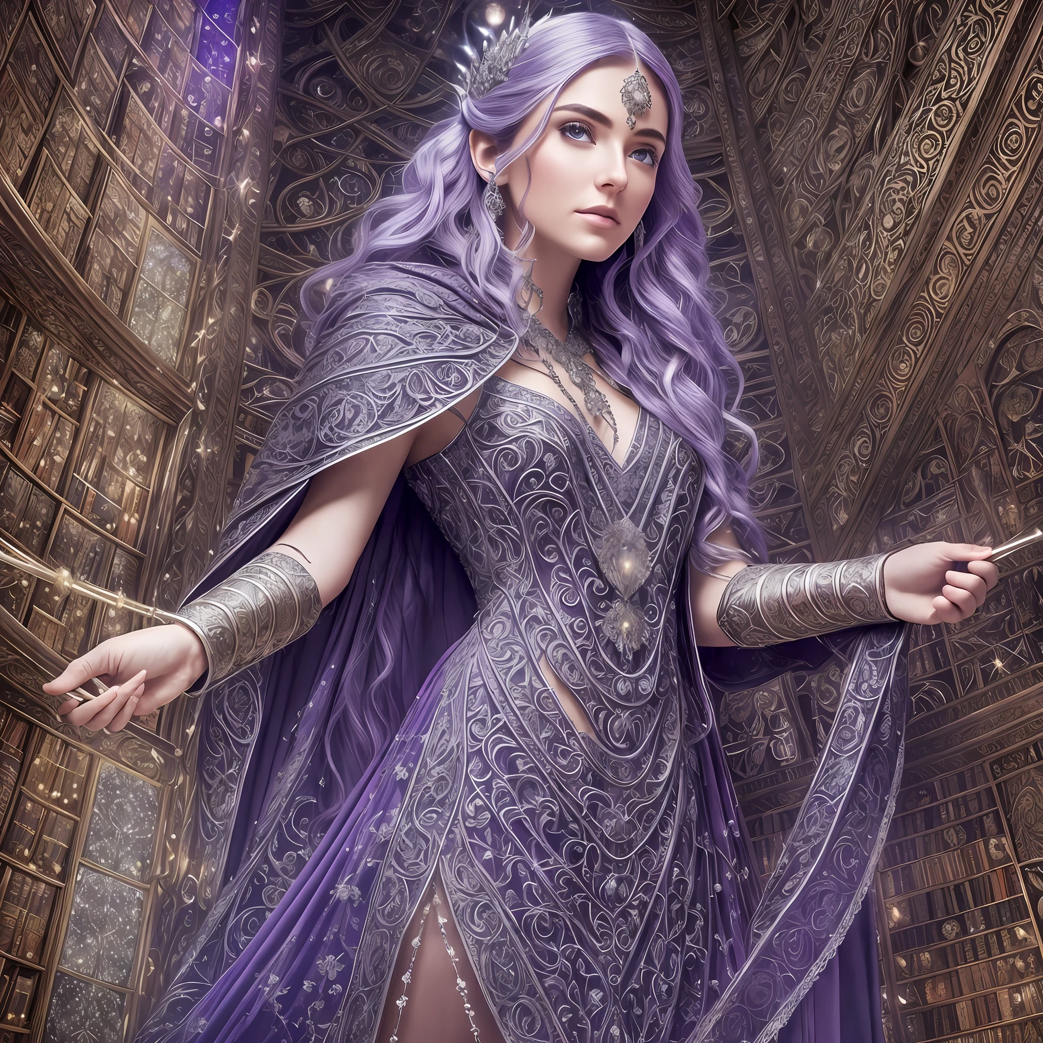 HDR, DSLR, 8K wallpaper, RAW photo (intricate details:1.3), (ultra-detailed:1.3), ultra intricate view, full body, polished, specular lighting, focus face, sharp focus, (hyperrealistic:1.2), A mysterious sorceress, casting spells with glowing hands, long silver hair, adorned with crystal hairpins, piercing purple eyes, standing in a mystical library,
soft candlelight, low angle shot,
Flowing cloak, adorned with intricate runes, magical staff,
Serene pose, lost in deep contemplation,
Ancient scrolls, towering bookshelves, floating magical books,
Mystical moonlight, stars shining brightly,