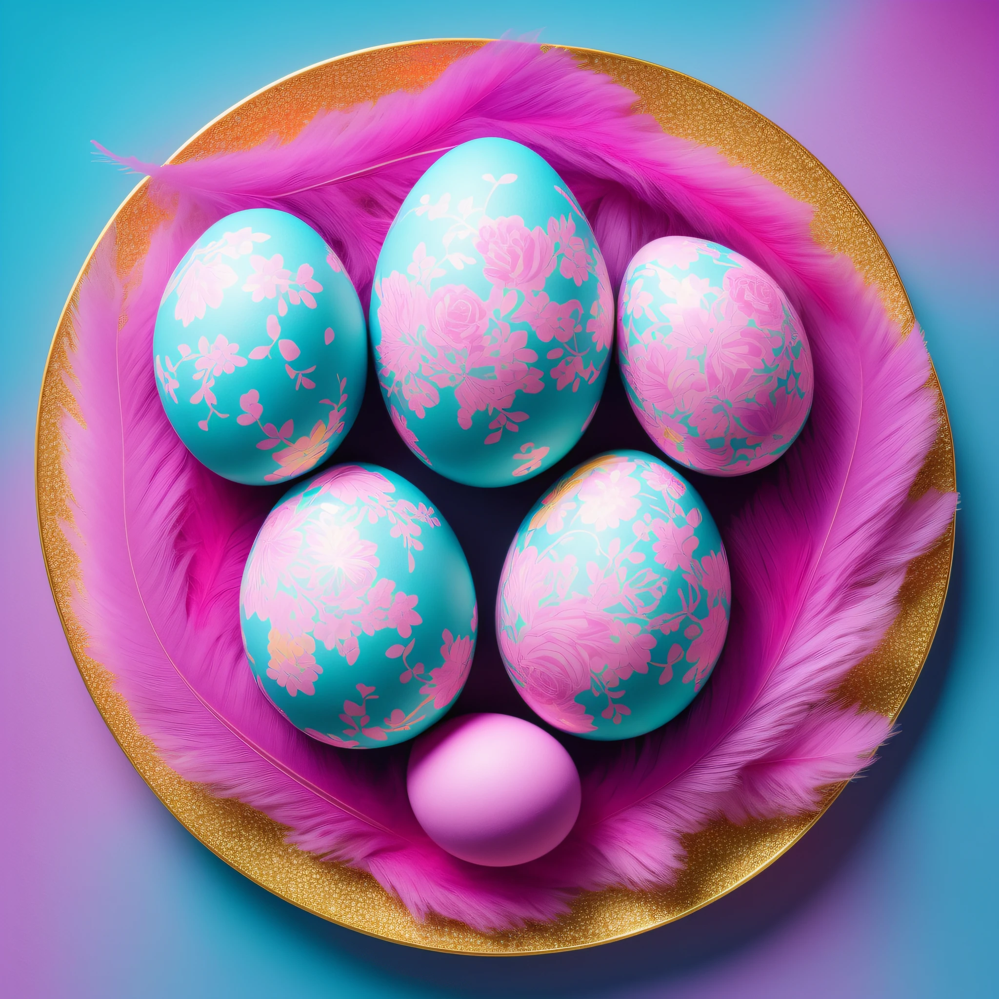 Beautiful colorful composition with richly luxuriously decorated Easter eggs and feathers in blue and pink colors. Generated AI. --auto --s2