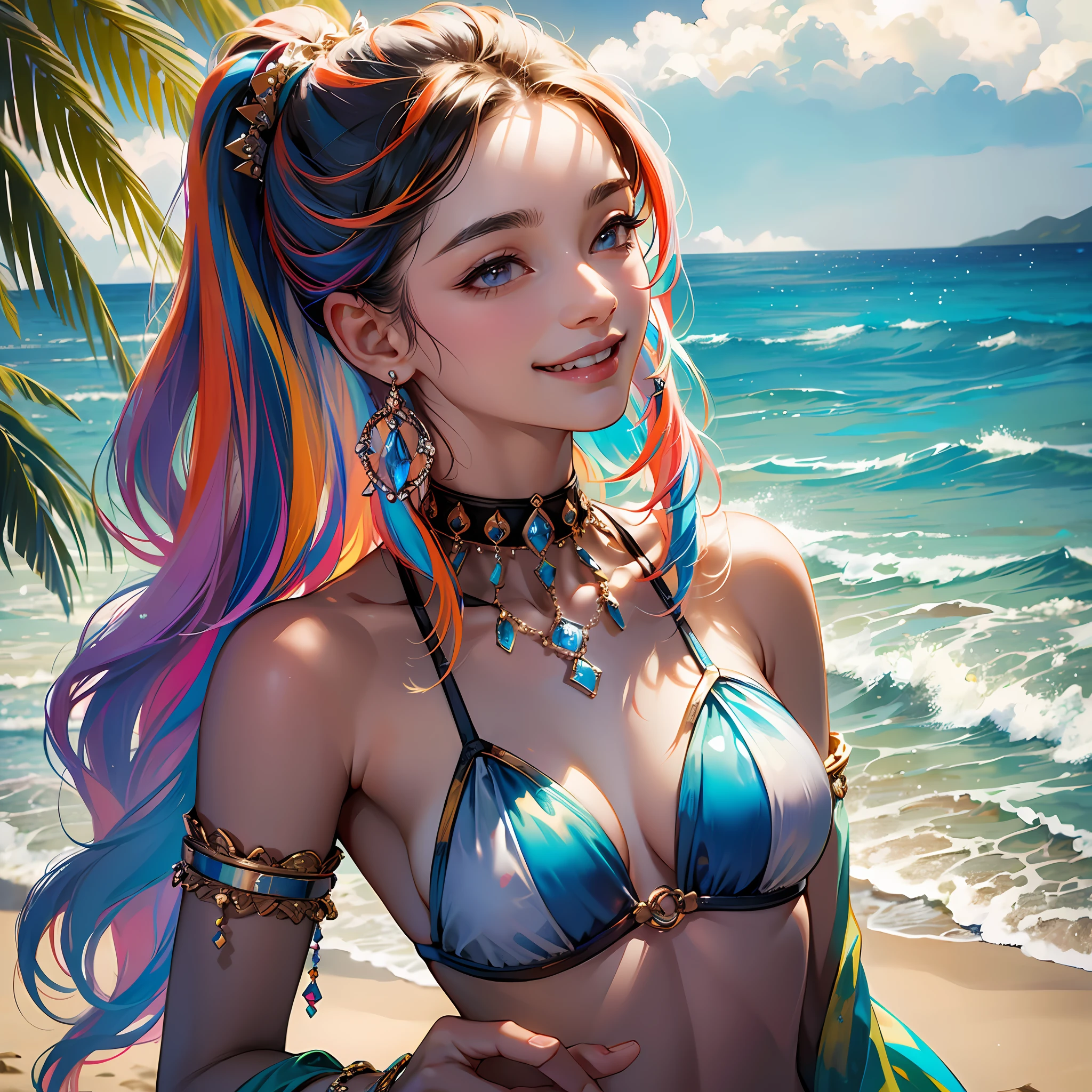 (Masterpiece: 1.5), (Best Quality: 1.5), High Resolution, High Detail, 1 Girl, Solo, Skin Highlight, Sharpen, Clear, straight hair, ponytail, multicolored hair, Jewelry, bracelet, earrings, cowboy shot, pale skin, smile, beach, tiny micro bikini --auto --s2
