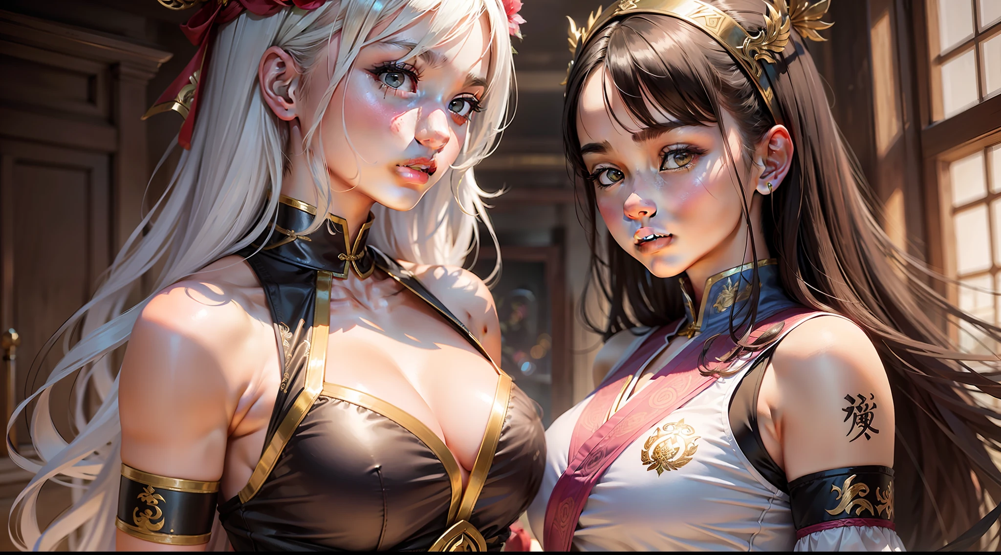 Two girls, martial arts costumes, an adult goddess, a young girl,
