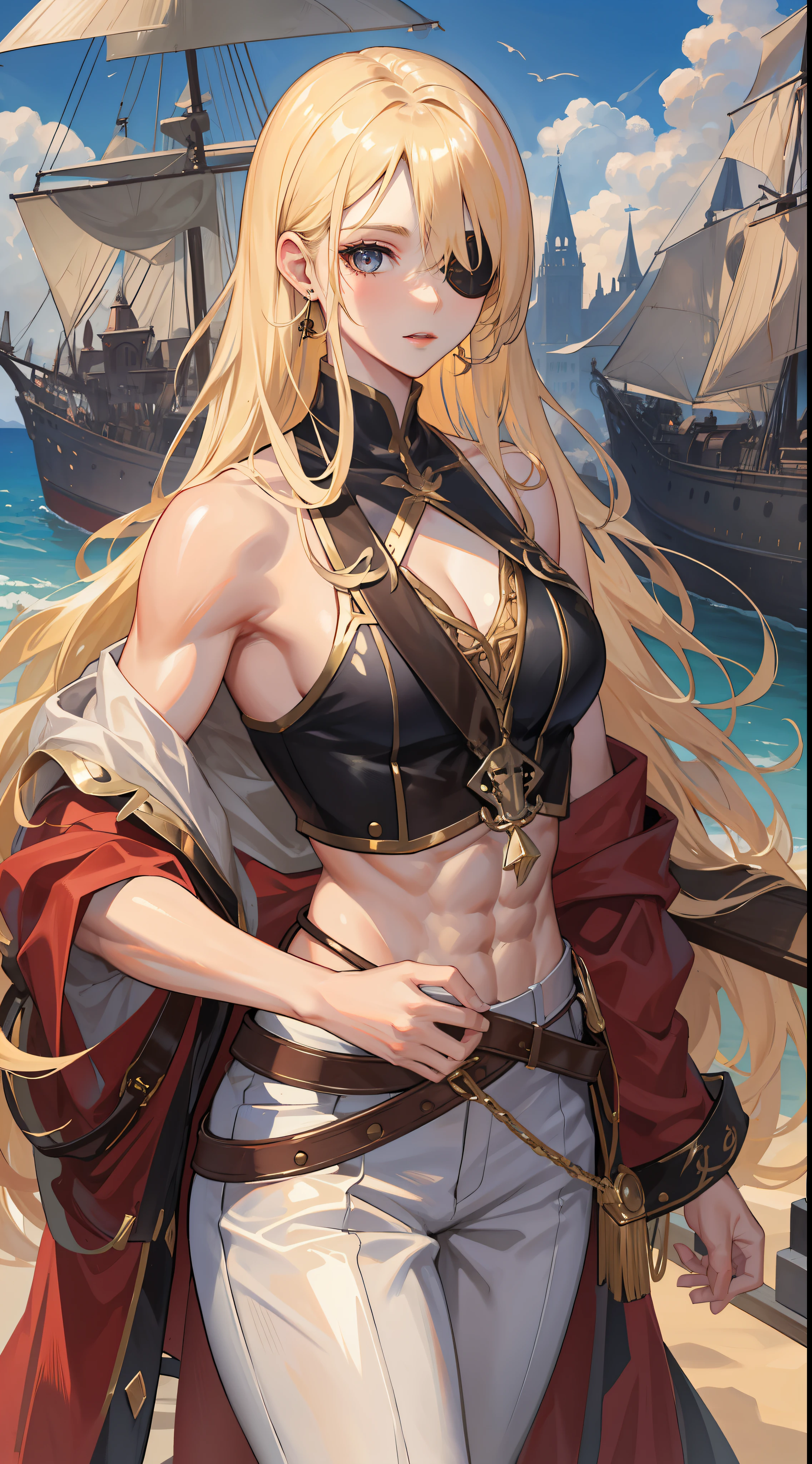 masterpiece, absurdres, best quality ,intricate details , (shiny skin, shiny body, shiny oily luster skin, shiny hair, pale skintone), pirate ship , Sundown , ((1man)), attractive, ((muscular)), adult, one eye patch, tattoo ,white blouse, earrings, brown pants, Parrot on the shoulder , Don't look at the view , Not looking at the view, blonde very long hair