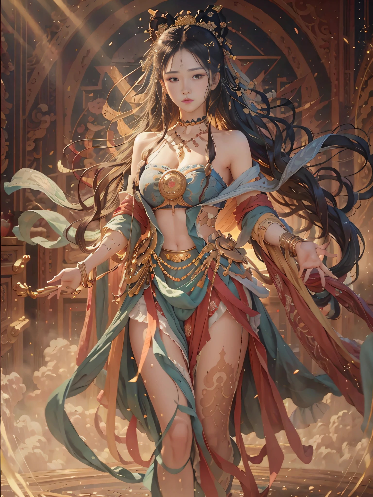 (RAW Photo, Best Quality), (Realistic, Realistic: 1.3), (Full Body Photo), Ultra Detail, World Masterpiece Theater, Messy Long Hair, Highly Detailed, Extremely Detailed CG Uniform 8K Wallpaper, 1 Girl, Dynamic Angle, Pleasant Ink, Shocking Film Lighting, Dunhuang Style, Illustration, Lens Flare, Reflected Light, Ultra Wide Angle, Close-up, Masterpiece, Ccurate