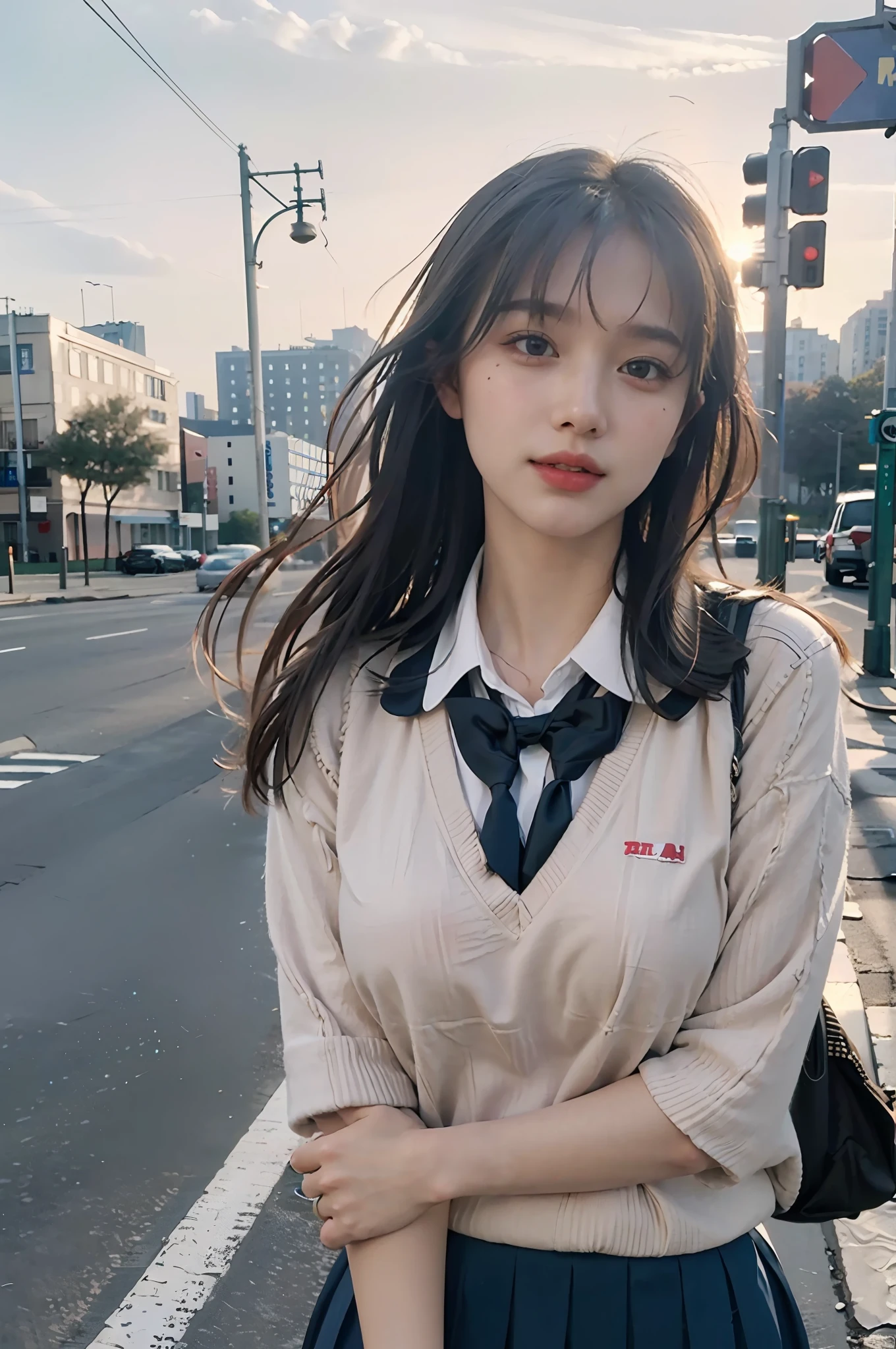 8k resolution), (RAW photo), (best quality), (masterpiece:1.5), (photorealistic:1.5), (photorealistic)), vibrant detail, ultra-realistic, (cute: 1.2)((school uniform)), (jk)))), road, intersection, big breast, close up