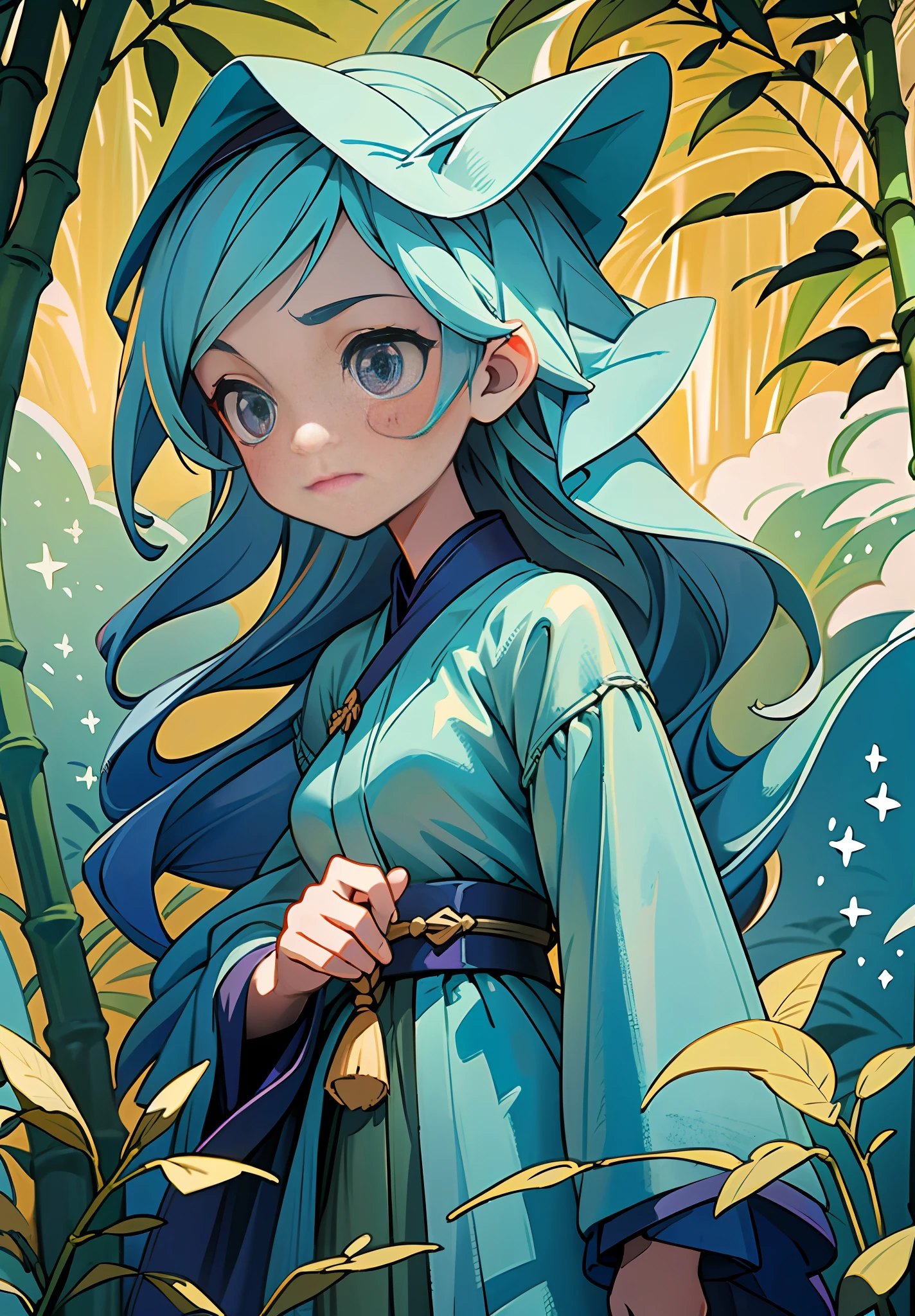 Masterpiece, Best Quality, Ultra Detailed, 1 Girl, on this cold autumn night, a mysterious and leisurely bamboo forest scene, a young girl wearing a light veil and a sad face stands on the bridge. She stared at the stream quietly, as if thinking about something. A creek babbling, a sea of clouds and a starry sky intertwined, and an antique bridge spans it, under which a few fallen leaves and bamboo leaves float. Starlight dotted in this secluded bamboo forest adds infinite spirituality to this beautiful scene. The whole scene presents low-saturation colors, with gray blue, light gray, dark green, dark green, dark purple and dark blue as the main tones, giving people a cool, aesthetic and elegant feeling. This color also provides an ideal basis for expressing mysterious, psychedelic emotions. The style of this scene can be described as antique, fairy, ink painting and landscape mood. They all have the characteristics of traditional Chinese culture, and they are very good at depicting the artistic conception of mountains and rivers, and combine them with fairy tale elements to show an otherworldly temperament. At the same time, the painting also presents the artistic style of ink painting, making the whole scene more elegant and poetic. The girl's sad emotions reflect the whole painting, which makes people have endless reverie. Her dress also reflects the beauty, elegance and antique of the whole painting, adding a bit of tenderness and warmth to the whole painting